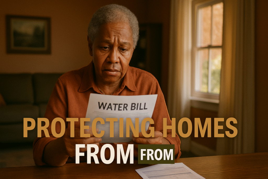 A 16:9 format realistic photojournalistic image of a worried elderly Black homeowner looking at a large water bill in their home, with a concerned expression, soft natural lighting illuminating their face, capturing the emotional weight of financial stress, vivid colors contrasting the warm interior of the home, with a focus on the bill in their hands. The composition follows the rule of thirds, guiding the viewer's eye to the homeowner's face and the bill. In the background, a window with sunlight streaming in adds warmth. The text overlay reads 'PROTECTING HOMES' in a multi-line H2 impact font, with 'PROTECTING' in Bronze, 'HOMES' in White, and a third word 'FROM' in Olive, all in all caps for emphasis.