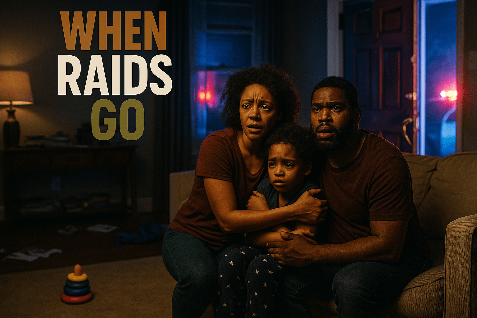 A cinematic image of a distressed family in their living room, illuminated by harsh police lights, capturing their shock and fear during a wrong-house raid. The scene is set in Atlanta, showcasing a broken front door and scattered belongings. The mood is tense and emotional, with a focus on the family's expressions. Shot with a DSLR camera, using dramatic lighting to enhance the contrast between the dark interior and the bright police lights outside. The striking detail is a child's toy lying on the floor, symbolizing innocence disrupted. The background is blurred to emphasize the family's emotional turmoil. 'WHEN RAIDS GO' in a multi-line H2 impact font, with 'WHEN' in Bronze, 'RAIDS' in White, and 'GO' in Olive, ensuring the text pops against the background.