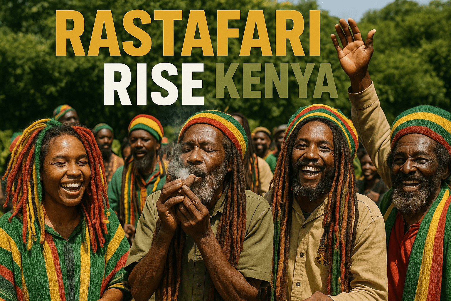 A realistic photojournalistic image of a vibrant Rastafarian gathering in Kenya, showcasing individuals with colorful dreadlocks and traditional attire, engaging in a spiritual ceremony with ganja prominently featured, bright sunlight illuminating their joyful expressions, capturing the essence of community and cultural pride, with a background of lush greenery. The image should convey a sense of unity and celebration, with contrasting colors of green, gold, and red. Include the text 'RASTAFARI' in bronze, 'RISE' in white, and 'KENYA' in olive, using a multi-line H2 'impact' font, ensuring the text is well-separated from the background and maintains a safe distance from the edges.