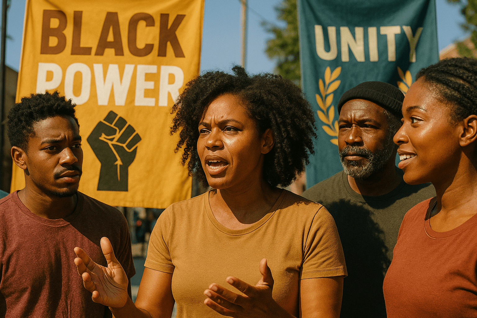 A realistic photojournalistic image of a diverse group of Black community members engaged in a vibrant outdoor discussion, showcasing expressions of determination and hope, with bright sunlight illuminating their faces. The background features colorful banners symbolizing empowerment and unity. The mood is uplifting and inspiring, emphasizing community strength. Include the phrase 'BLACK POWER' in a multi-line H2 impact font, with 'BLACK' in Bronze, 'POWER' in White, and a striking detail of a raised fist symbolizing solidarity.