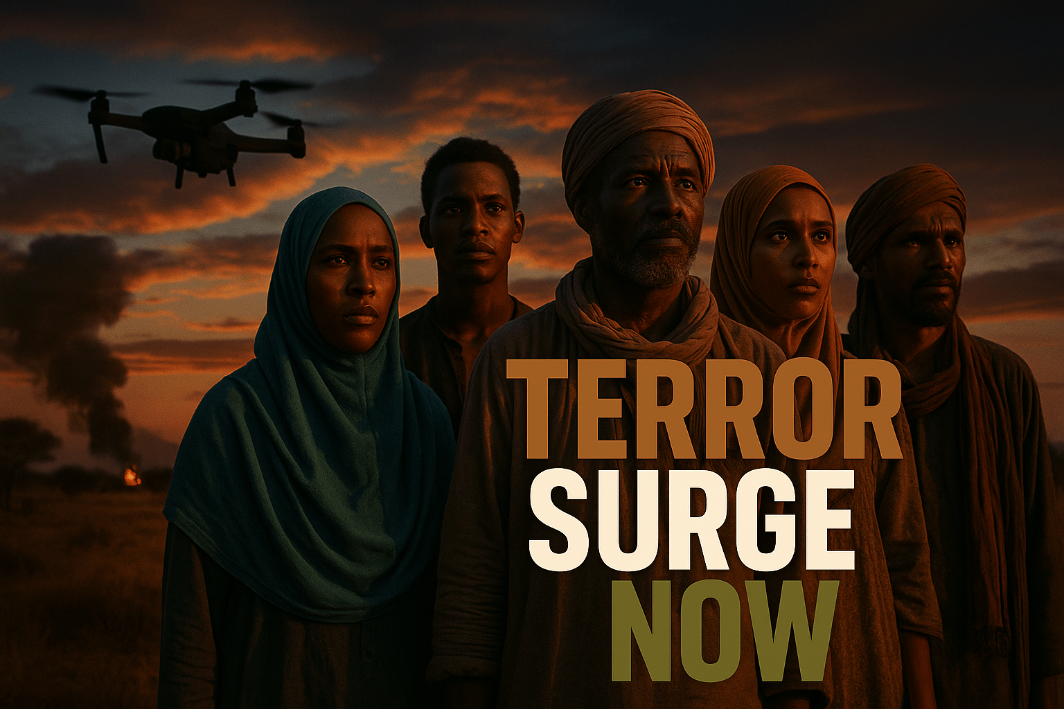 A cinematic image of a dramatic Sahel landscape at dusk, showcasing a group of diverse, determined individuals standing together, their expressions reflecting resilience and hope amidst the backdrop of conflict. The sky is painted with vibrant oranges and deep blues, creating a striking contrast. The scene is illuminated by a soft, warm light that highlights the individuals' faces, drawing attention to their emotional expressions. In the foreground, a silhouette of a drone hovers, symbolizing the growing sophistication of terrorist threats. The composition follows the rule of thirds, with the group positioned on one side and the drone on the other, leading the viewer's eye across the image. 'TERROR' in Bronze, 'SURGE' in White, 'NOW' in Olive, displayed in a bold, multi-line H2 impact font, positioned outside the 20% safe zone from all margins.