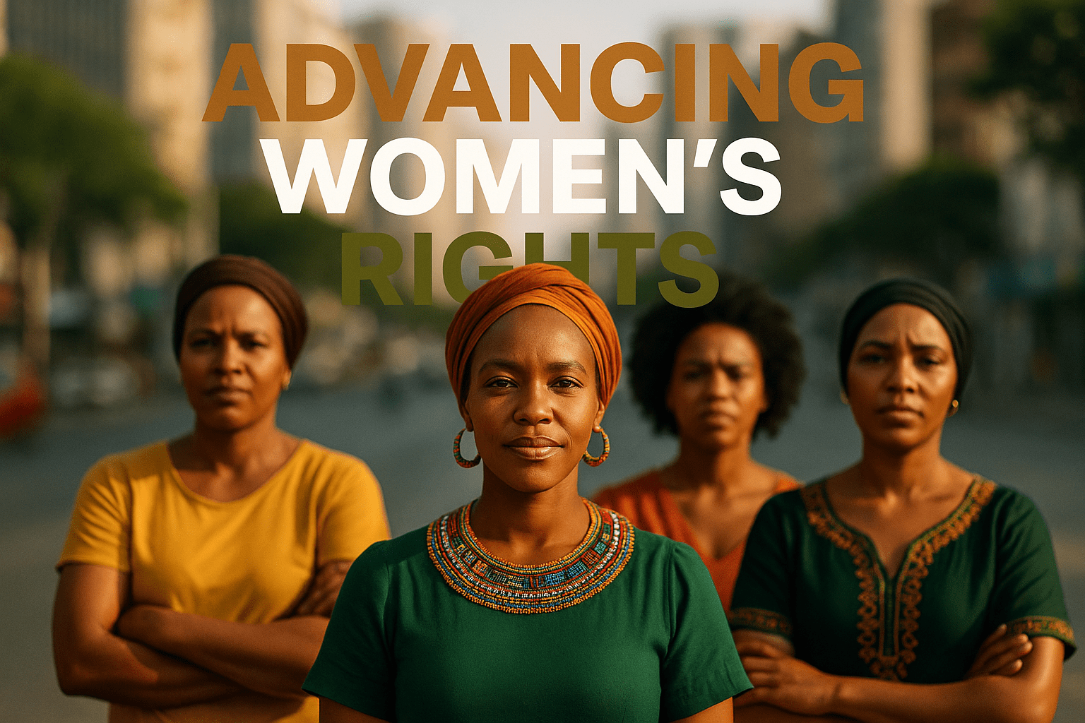A realistic photojournalistic image of a diverse group of African women standing together in solidarity, showcasing expressions of empowerment and determination, bright natural lighting, capturing a hopeful mood, with vibrant colors like deep greens and warm earth tones, featuring a striking detail of traditional African jewelry. The background should be a blurred urban landscape symbolizing progress. Overlay the text in a multi-line H2 'impact' font: 'ADVANCING' in Bronze, 'WOMEN'S' in White, 'RIGHTS' in Olive, ensuring the text is bold and pops against the background while maintaining a safe distance from all edges.