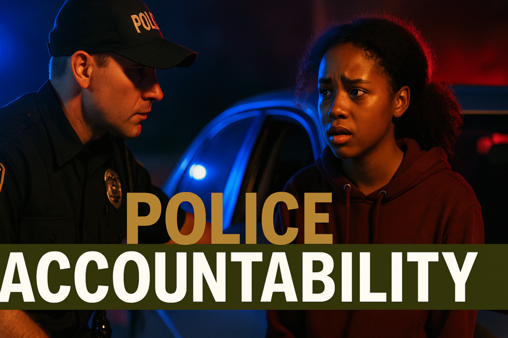 A realistic photojournalistic image of a tense police traffic stop scene featuring a concerned black teenage girl and a police officer, capturing an emotional expression of fear and uncertainty. The setting is illuminated by bright, contrasting colors of blue and red from police lights, creating a dramatic mood. The composition follows the rule of thirds, with the officer on one side and the teenager on the other, drawing the viewer's eye to the interaction. The high-impact phrase 'POLICE ACCOUNTABILITY' is displayed in a multi-line H2 'impact' font, with 'POLICE' in Bronze, 'ACCOUNTABILITY' in White, and the background in Olive, ensuring the text pops against the scene.
