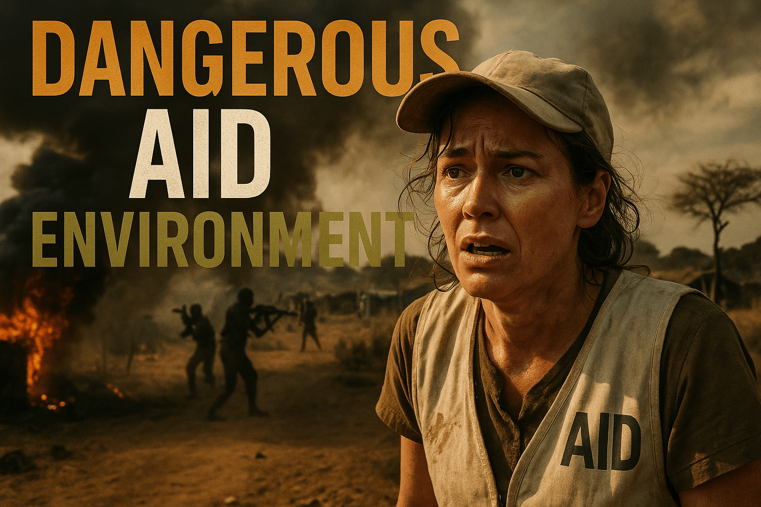 A cinematic image of a distressed humanitarian worker in a rugged South Sudan landscape, surrounded by a backdrop of conflict and insecurity, capturing the urgency and danger of aid delivery. The scene is illuminated by dramatic, high-contrast lighting, emphasizing the worker's emotional expression of concern and determination. Use a DSLR camera perspective to create depth, with a focus on the worker's face and the chaotic environment around them. The color palette should include earthy tones contrasted with bright, urgent colors to highlight the dire situation. Incorporate the high-impact phrase in a multi-line H2 'impact' font: 'DANGEROUS AID ENVIRONMENT' with 'DANGEROUS' in Bronze, 'AID' in White, and 'ENVIRONMENT' in Olive, ensuring the text stands out against the background without cluttering the image.