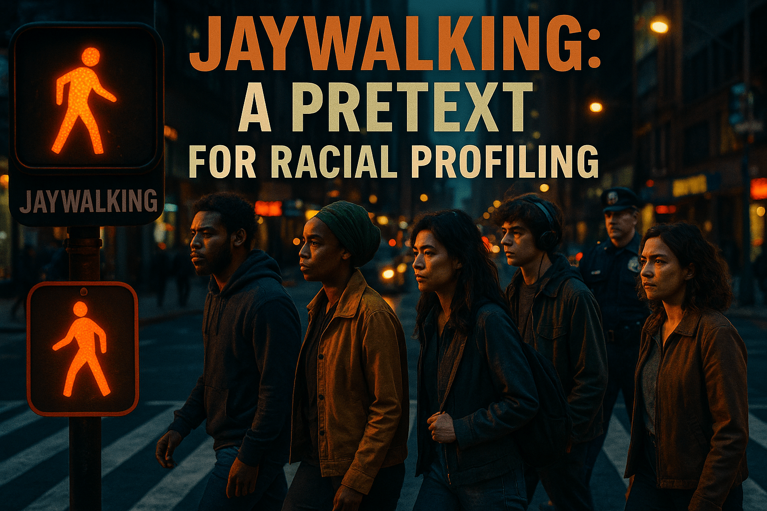 A cinematic image of a diverse group of pedestrians crossing a busy urban street, with a police officer observing in the background, capturing a moment of tension and awareness. The scene is illuminated by bright city lights at dusk, creating a dramatic contrast between shadows and highlights. The mood is serious yet hopeful, emphasizing the theme of racial profiling and community dynamics. One striking detail is a prominent jaywalking sign in the foreground, symbolizing the controversial law. Use vibrant colors to enhance the emotional impact, focusing on the faces of the pedestrians to convey their expressions of concern and resilience. 'JAYWALKING: A PRETEXT FOR RACIAL PROFILING' in a multi-line H2 impact font, with 'JAYWALKING' in Bronze, 'A' in White, and 'PRETEXT' in Olive, ensuring the text stands out against the background without cluttering the image.