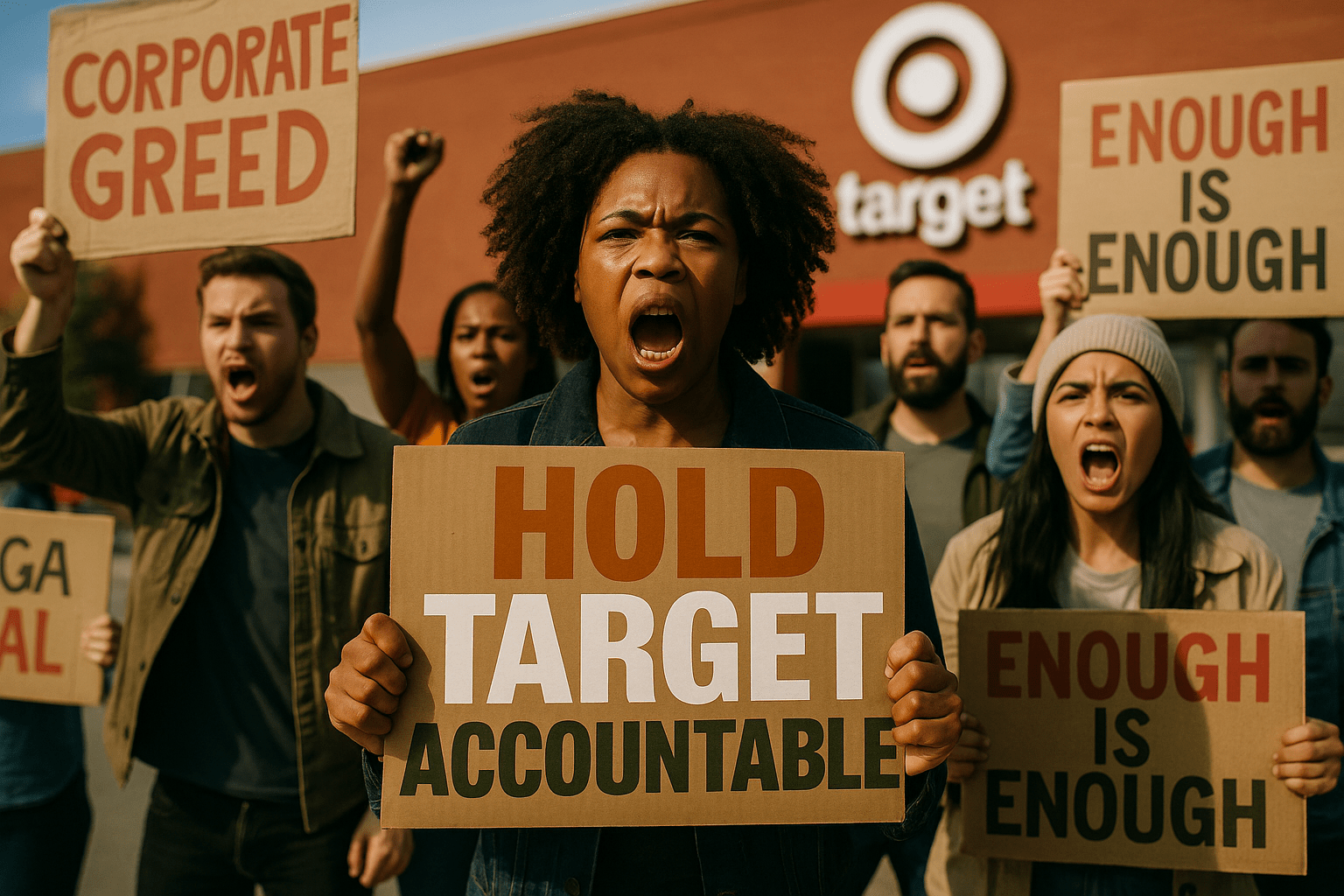 A realistic photojournalistic image of a diverse group of passionate protesters holding signs demanding corporate accountability, vibrant colors with a focus on emotional expressions, bright lighting, captured with a DSLR camera, conveying a mood of urgency and determination. The background features a blurred Target store to emphasize the protest's context. Use the rule of thirds to position the protesters dynamically, with the striking detail of a prominent sign reading 'HOLD TARGET ACCOUNTABLE' in a multi-line H2 'impact' font, with the words 'HOLD' in Bronze, 'TARGET' in White, and 'ACCOUNTABLE' in Olive, ensuring the text is well-separated from the background and maintains a safe distance from the edges.