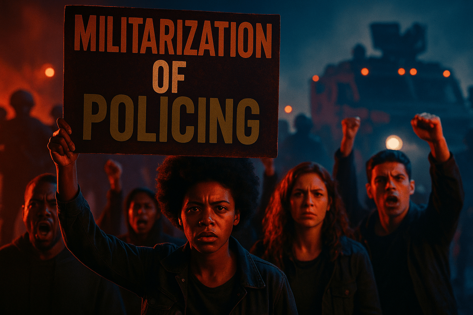 A cinematic image of a tense protest scene featuring a diverse group of individuals with determined expressions, illuminated by dramatic lighting that highlights their faces, capturing a sense of urgency and emotion. The background shows a blurred silhouette of militarized police and military vehicles, creating a stark contrast. The mood is intense and thought-provoking, evoking a feeling of civil unrest. Striking detail: a protest sign prominently displayed in the foreground. Use vibrant colors to enhance the emotional impact, with a focus on deep reds and blues. The high-impact phrase 'MILITARIZATION OF POLICING' should be in a multi-line H2 'impact' font, with 'MILITARIZATION' in Bronze, 'OF' in White, and 'POLICING' in Olive, ensuring the text stands out against the background.