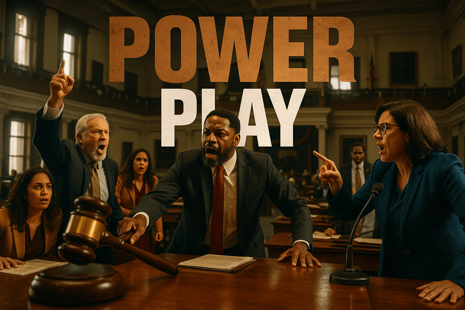A cinematic image of a dramatic Texas legislative session in a grand chamber, featuring diverse lawmakers passionately debating redistricting, with intense expressions and vibrant colors. The lighting is bright and focused on the central figures, creating a sense of urgency and conflict. The mood is tense and charged, capturing the political stakes involved. In the foreground, a striking detail of a gavel slamming down symbolizes the gravity of the situation. Use a composition that follows the rule of thirds, with the lawmakers positioned dynamically across the frame. The high-impact phrase 'POWER PLAY' is displayed in a multi-line H2 'impact' font, with 'POWER' in Bronze, 'PLAY' in White, and a dramatic background that enhances the text's visibility.