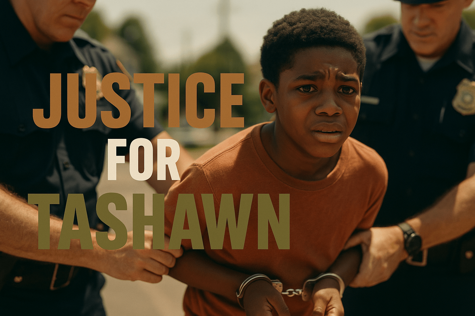 A cinematic image of a young Black boy, around 12 years old, looking distressed and confused while being handcuffed by police officers in a suburban setting, bright daylight illuminating the scene, capturing the emotional weight of the moment. The boy's expression should convey fear and innocence, contrasting with the authoritative presence of the officers. Use a shallow depth of field to focus on the boy's face, with blurred background elements to emphasize the tension. The color palette should include warm tones for the boy and cooler tones for the police uniforms, creating a striking contrast. The high-impact phrase 'JUSTICE FOR TASHAWN' should be displayed in a multi-line H2 impact font, with 'JUSTICE' in Bronze, 'FOR' in White, and 'TASHAWN' in Olive, ensuring the text pops against the background without cluttering the image.