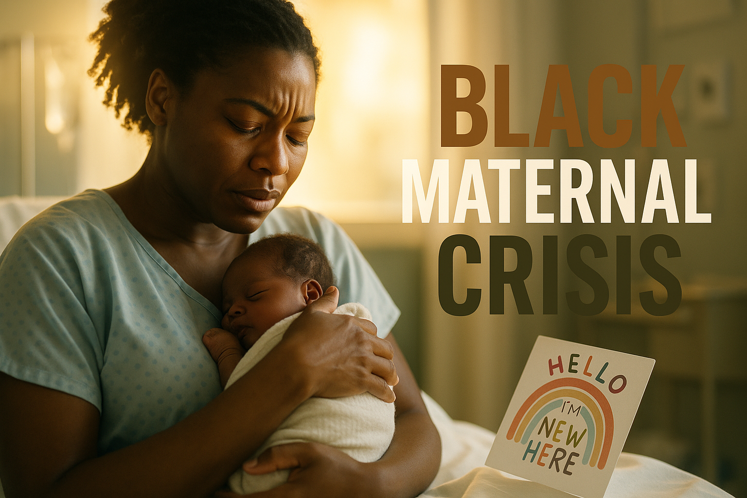 A cinematic image of a Black mother holding her newborn, surrounded by a warm, soft glow that symbolizes hope and resilience, with a focus on her emotional expression of love and determination. The background features subtle hints of a hospital setting, emphasizing the healthcare aspect. The lighting is bright and uplifting, creating a mood of empowerment. Use a DSLR camera effect for sharp detail, and include a striking detail of a colorful birth announcement in the foreground. The high-impact phrase 'BLACK MATERNAL CRISIS' is displayed in a multi-line H2 impact font, with 'BLACK' in Bronze, 'MATERNAL' in White, and 'CRISIS' in Olive, ensuring the text pops against the background.