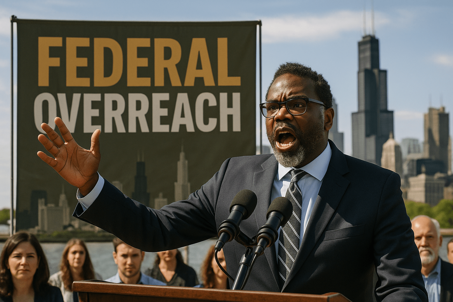 A realistic photojournalistic image of Chicago Mayor Brandon Johnson passionately addressing a crowd, with a backdrop of the Chicago skyline and a large banner reading 'FEDERAL OVERREACH' in bold multi-line H2 impact font, the first word in Bronze, the second word in White, and the third word in Olive. The scene is illuminated by bright, natural lighting, conveying a mood of determination and urgency. The composition follows the rule of thirds, with Johnson's expressive face as the focal point, drawing viewers' attention to the message.