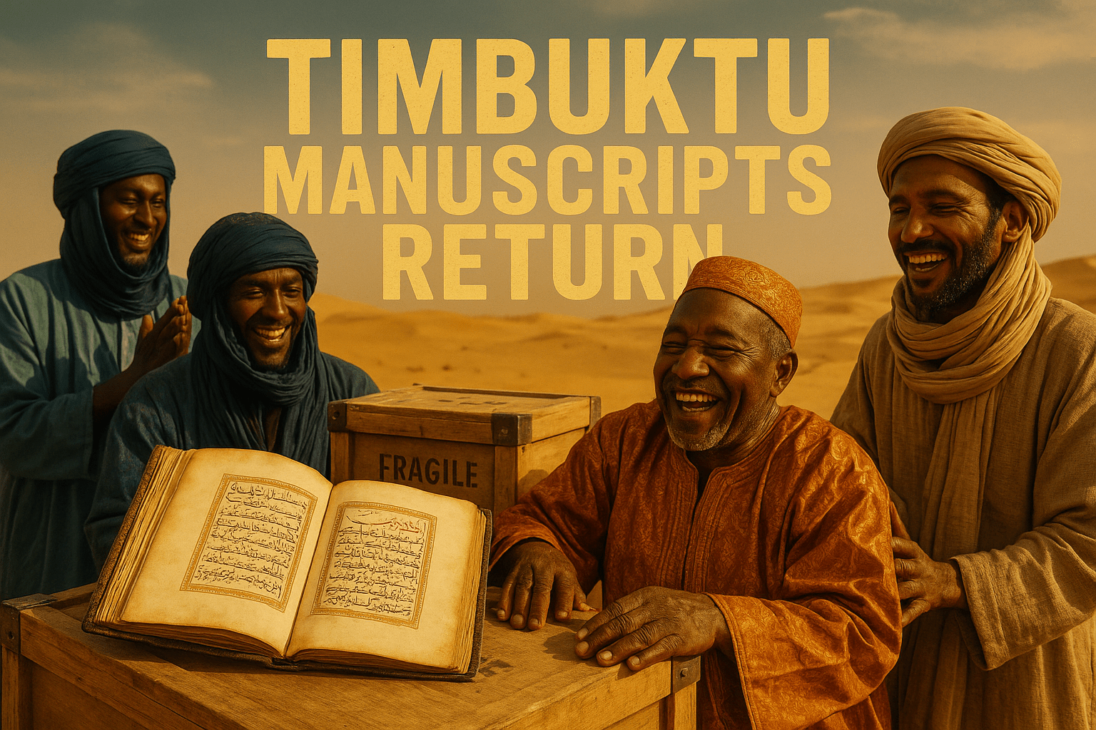 A cinematic image of the historic Timbuktu manuscripts being returned home, featuring a diverse group of Malian custodians joyfully receiving the crates in a sunlit desert landscape, with vibrant colors highlighting the manuscripts' intricate designs. The scene captures emotional expressions of pride and resilience, with warm golden lighting creating a hopeful mood. The striking detail is an open manuscript displaying beautiful calligraphy, symbolizing the rich intellectual heritage of West Africa. Use the rule of thirds to frame the custodians and manuscripts, ensuring the background complements the scene without clutter. The high-impact phrase in a multi-line H2 'impact' font reads: 'BRONZE TIMBUKTU WHITE MANUSCRIPTS OLIVE RETURN'.