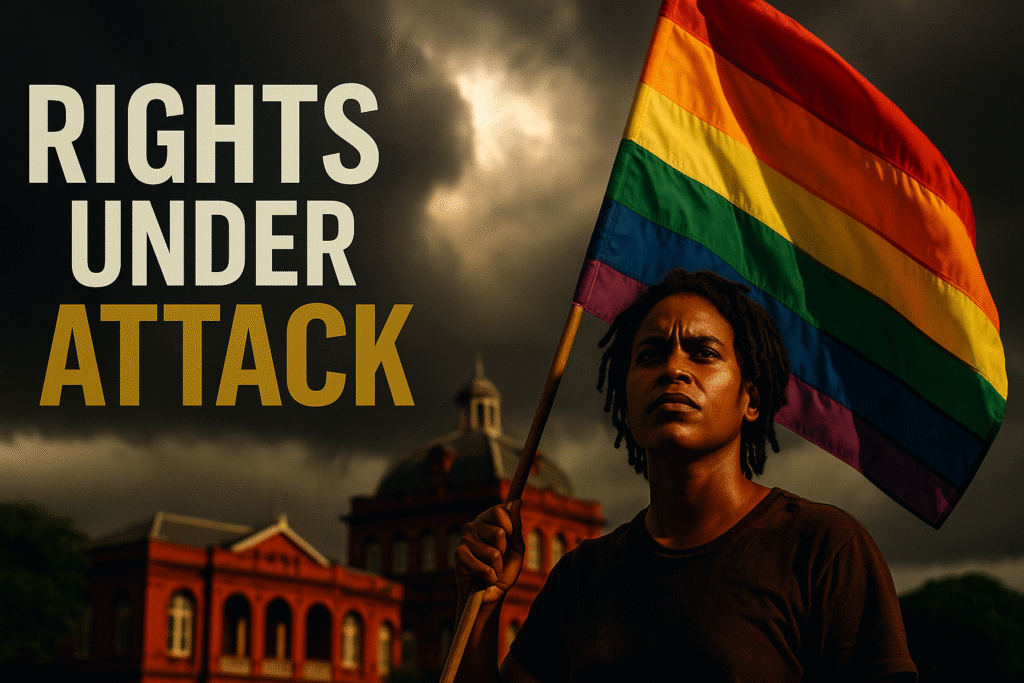 A determined Afro-Trinidadian activist stands in the foreground holding a rainbow pride flag high against a backdrop of dark storm clouds. Warm sunlight illuminates their face, highlighting a resolute expression. The Trinidad and Tobago Parliament building is visible but blurred in the background. Large bold text on the left reads “RIGHTS” in bronze, “UNDER” in white, and “ATTACK” in olive, positioned outside the image’s safe margins.
