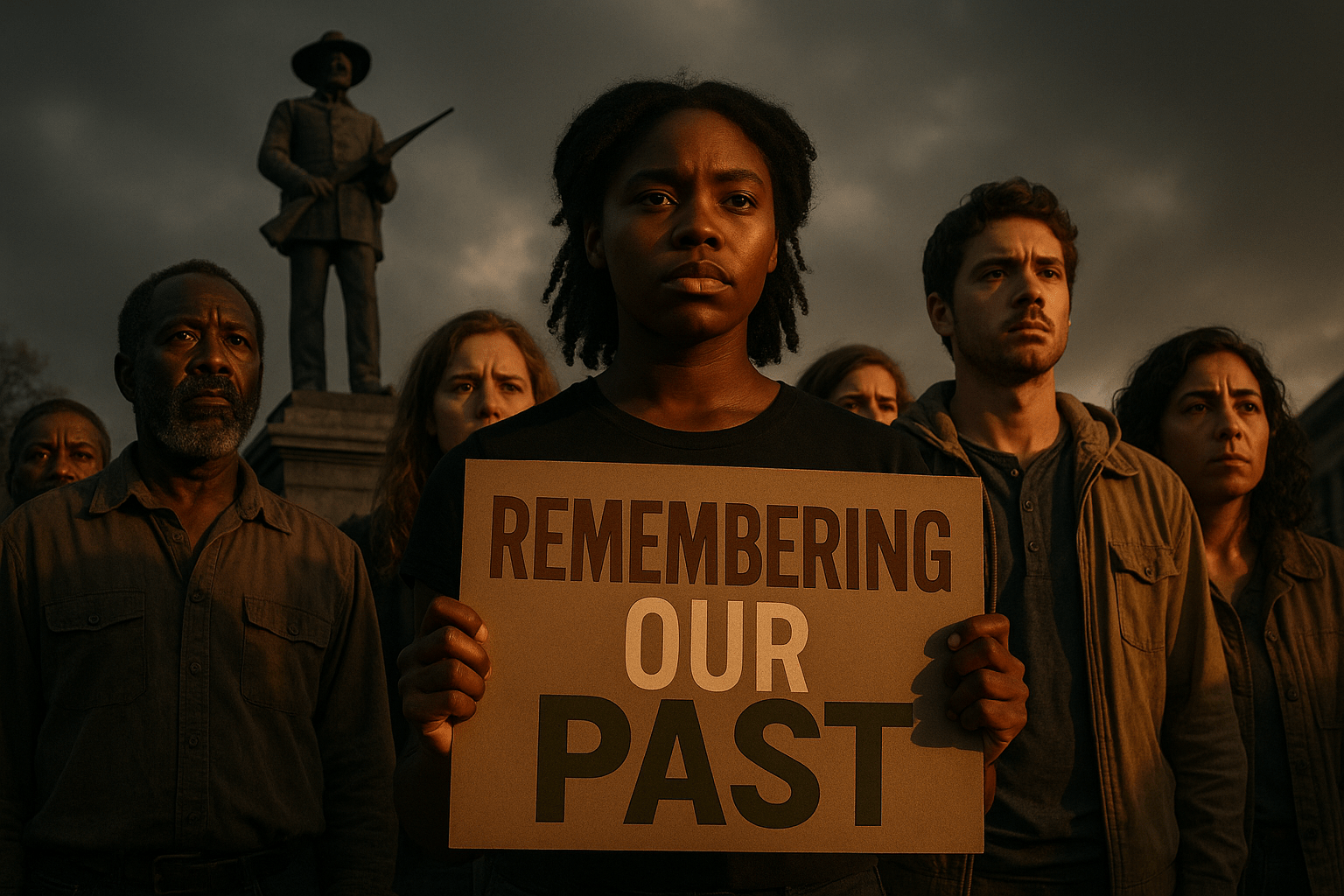 A cinematic image of a powerful and emotional scene depicting a diverse group of people standing together in front of a Confederate monument, their expressions reflecting a mix of determination and sorrow. The lighting is dramatic, with a warm golden hue illuminating the faces, creating a stark contrast against the cold stone of the monument. The mood is tense yet hopeful, capturing the ongoing struggle over historical narratives. In the foreground, a young Black woman holds a sign that reads 'REMEMBERING OUR PAST' in bold, impactful font, with the words 'REMEMBERING' in Bronze, 'OUR' in White, and 'PAST' in Olive. The composition follows the rule of thirds, with the monument in the background and the group positioned to draw the viewer's eye towards the message of unity and remembrance.
