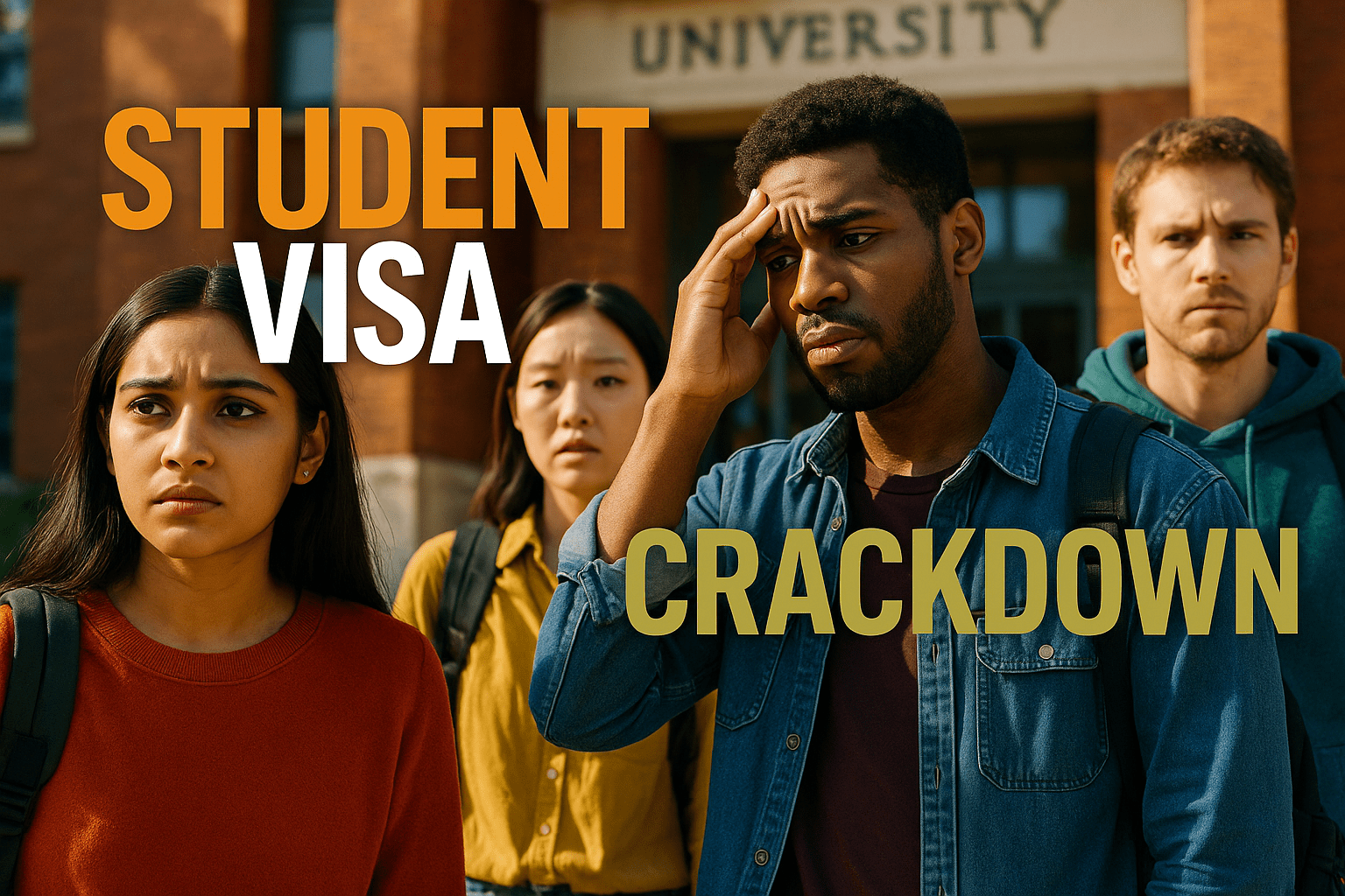 A realistic photojournalistic image of a diverse group of concerned international students gathered outside a university building, expressing anxiety and uncertainty about their visa statuses, with bright, contrasting colors to evoke urgency. The scene is illuminated by natural daylight, capturing emotional expressions on their faces. The composition follows the rule of thirds, focusing on the students in the foreground with the university in the background. The high-impact phrase 'STUDENT VISA CRACKDOWN' is displayed in a multi-line H2 'impact' font, with 'STUDENT' in Bronze, 'VISA' in White, and 'CRACKDOWN' in Olive, ensuring the text pops against the background while maintaining a safe distance from the edges.
