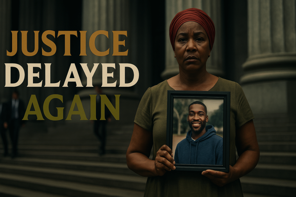 a vivid, cinematic scene shot with an Arri Alexa 35 under diffused dramatic lighting that conveys tension and emotional weight. In the foreground, show a solemn Black mother holding a framed photo of Tyre Nichols, standing on the courthouse steps. Behind her, blurred and imposing federal courthouse pillars loom, casting long shadows. In the background, three suited officers walk away from the courthouse, out of focus. The woman’s expression is weary but defiant, her red headwrap and olive-toned dress contrasting with the gray stone surroundings.