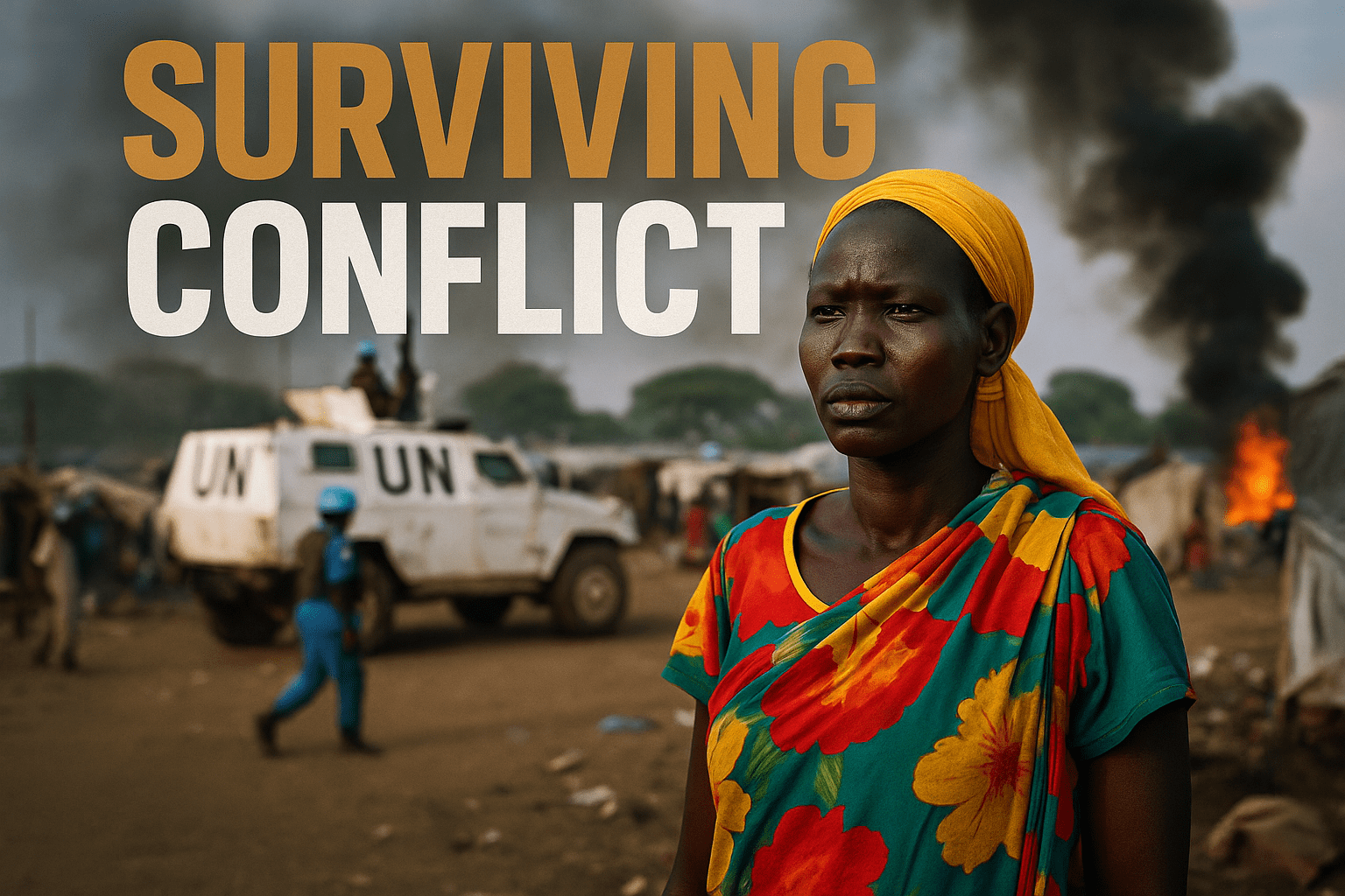 A realistic photojournalistic image of a South Sudanese woman with a determined expression, standing amidst a backdrop of conflict and displacement, bright colors highlighting her resilience, soft natural lighting, captured with a DSLR camera, conveying a mood of hope amidst crisis, with the phrase 'SURVIVING CONFLICT' in a multi-line H2 'impact' font, where 'SURVIVING' is in Bronze, 'CONFLICT' is in White, and the background is a blurred scene of a UNMISS peacekeeping operation, ensuring the text is positioned safely away from the edges.