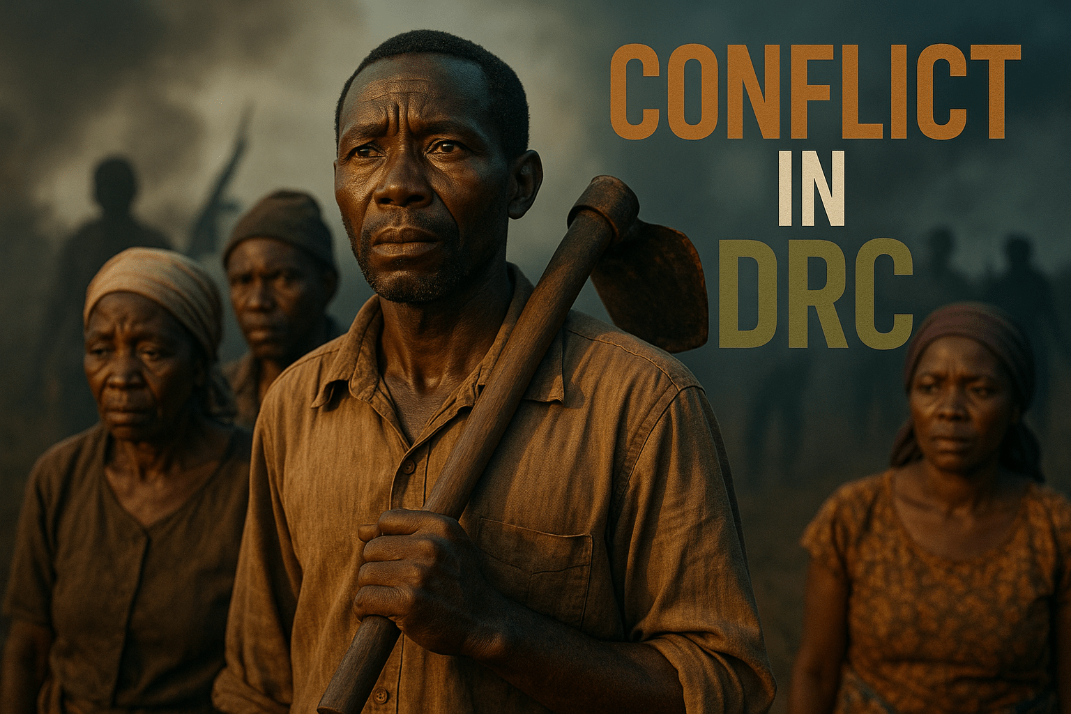 A cinematic image of a tense scene in the Democratic Republic of Congo, showcasing the emotional expressions of local farmers amidst conflict, with dramatic lighting highlighting their faces, captured with a DSLR camera for photorealism. The mood is somber yet hopeful, with a striking detail of a farmer holding a hoe, symbolizing resilience. The background features blurred silhouettes of armed groups, creating a sense of urgency. Use contrasting colors: warm earth tones for the farmers and cooler shades for the background. The composition follows the rule of thirds, drawing the viewer's eye to the farmer in the foreground. Include the high-impact phrase 'CONFLICT IN DRC' in a multi-line H2 impact font, with 'CONFLICT' in Bronze, 'IN' in White, and 'DRC' in Olive, ensuring the text pops against the background and remains outside the 20% safe zone from all margins.