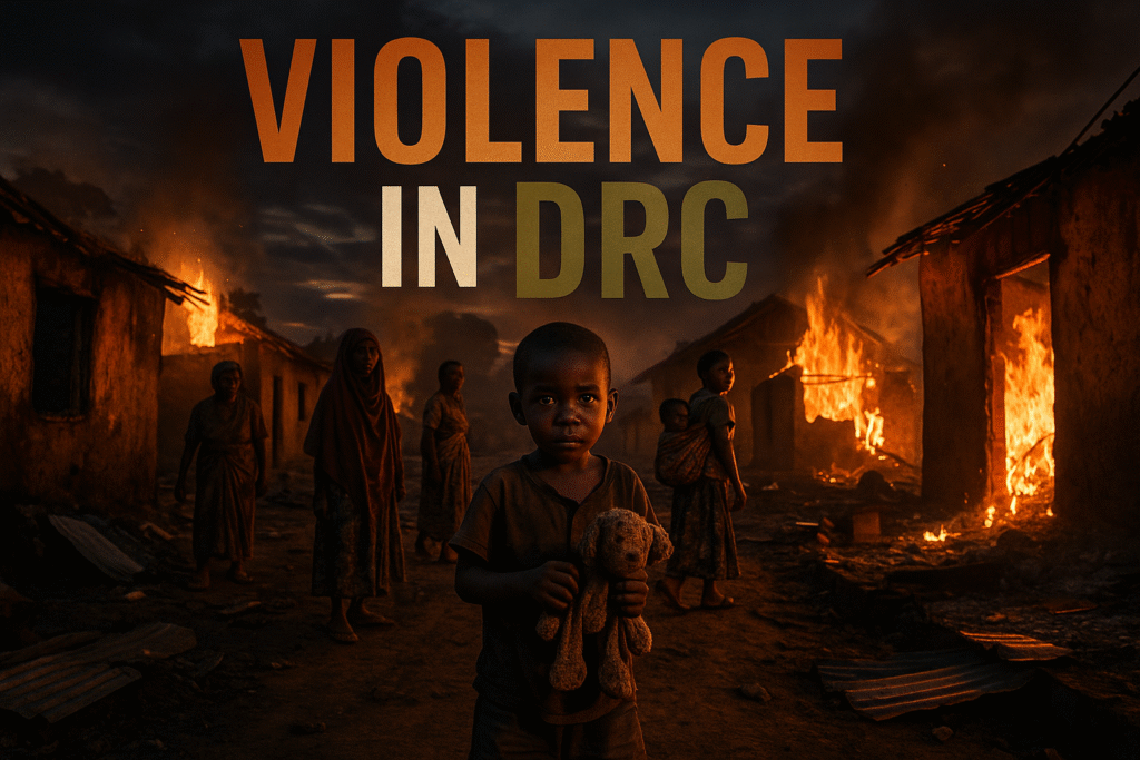 A realistic photojournalistic image of a devastated village in the Democratic Republic of Congo, showcasing the aftermath of violence with burnt homes and displaced civilians, captured in dramatic lighting at dusk to evoke a sense of urgency and despair. The mood is somber, with a focus on the emotional expressions of the affected individuals. Include a striking detail of a child holding a tattered toy amidst the ruins. Use vibrant contrasts of dark and warm colors to highlight the devastation. Overlay the high-impact phrase in a multi-line H2 'impact' font: 'VIOLENCE IN DRC' with 'VIOLENCE' in Bronze, 'IN' in White, and 'DRC' in Olive, ensuring the text is well-separated from the background and positioned within the safe zone.