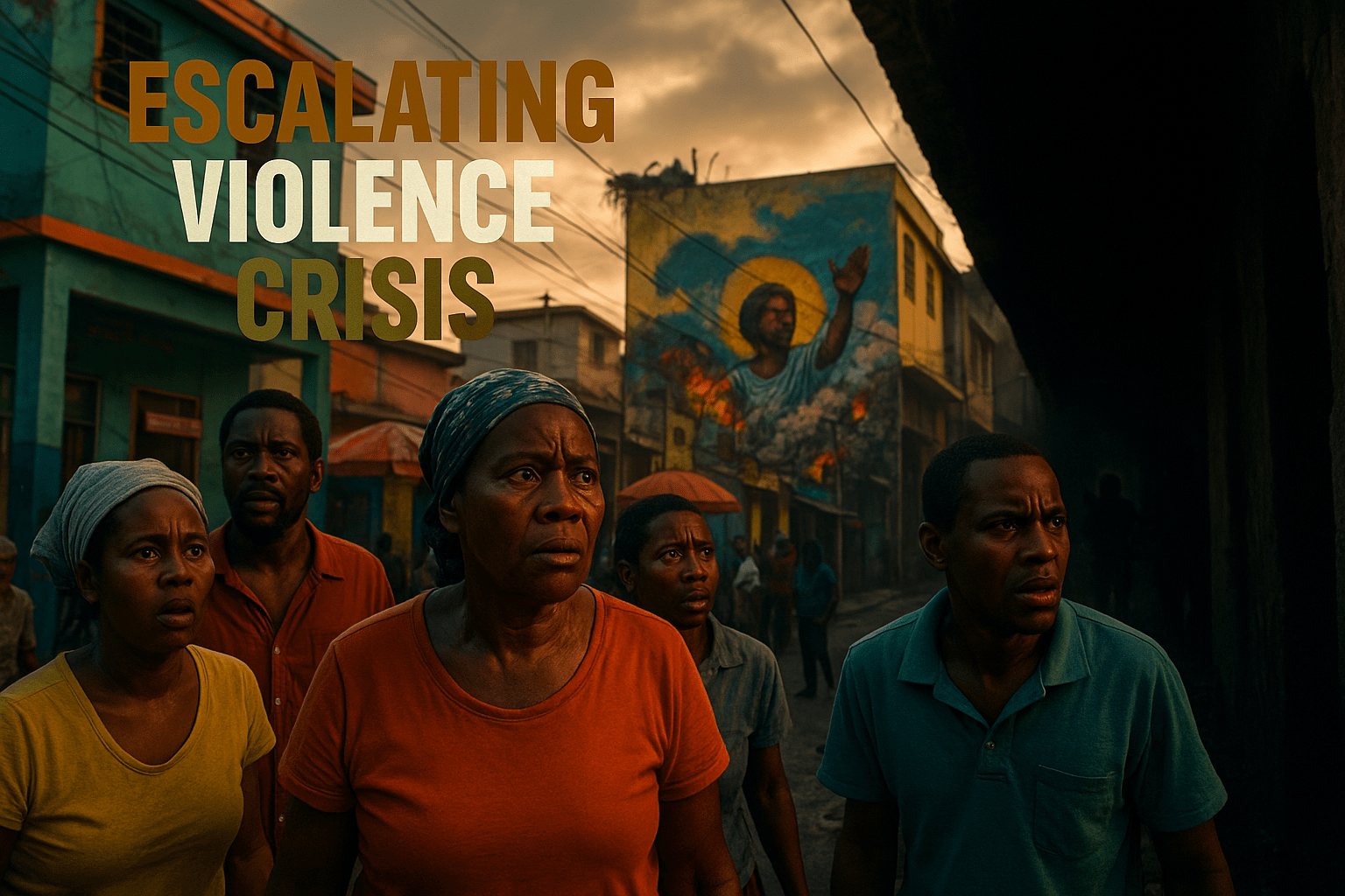 A cinematic image of a Haitian street scene depicting the stark contrast between vibrant community life and the looming threat of gang violence, featuring a group of concerned citizens with expressive faces, bright colors highlighting the surroundings, and a darkened alley in the background symbolizing danger. The lighting is dramatic, with a warm glow illuminating the faces of the people, creating an emotional and urgent mood. The camera angle is slightly low, emphasizing the height of nearby buildings, and a striking detail is a graffiti mural depicting hope amidst chaos. 'ESCALATING' in Bronze, 'VIOLENCE' in White, 'CRISIS' in Olive, displayed in a multi-line H2 impact font, ensuring the text pops against the background.