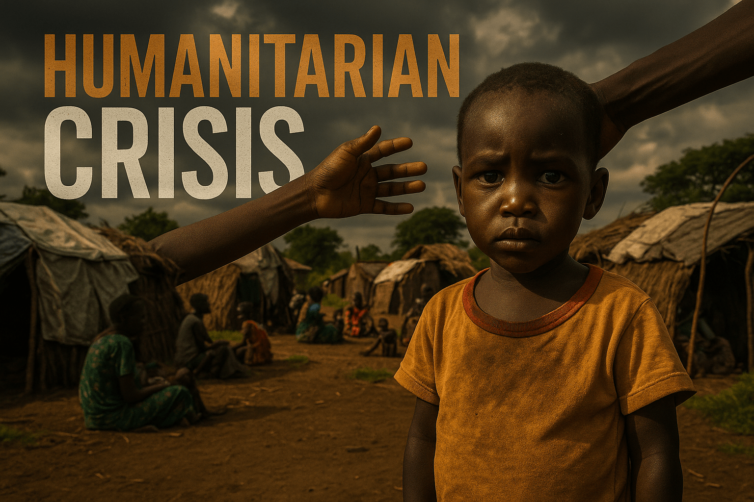 A realistic photojournalistic image of a South Sudanese child with a worried expression, standing amidst a backdrop of makeshift shelters and displaced families, under dramatic lighting that highlights the urgency of the humanitarian crisis. The mood is somber yet hopeful, capturing the resilience of the people. The colors are rich and contrasting, with deep browns and greens of the environment, and the child’s clothing providing a pop of color. The composition follows the rule of thirds, drawing the viewer's eye to the child while the surrounding context emphasizes the crisis. Include the text 'HUMANITARIAN CRISIS' in a multi-line H2 'impact' font, with 'HUMANITARIAN' in Bronze, 'CRISIS' in White, and a striking detail of a hand reaching out from the side, symbolizing help and support.