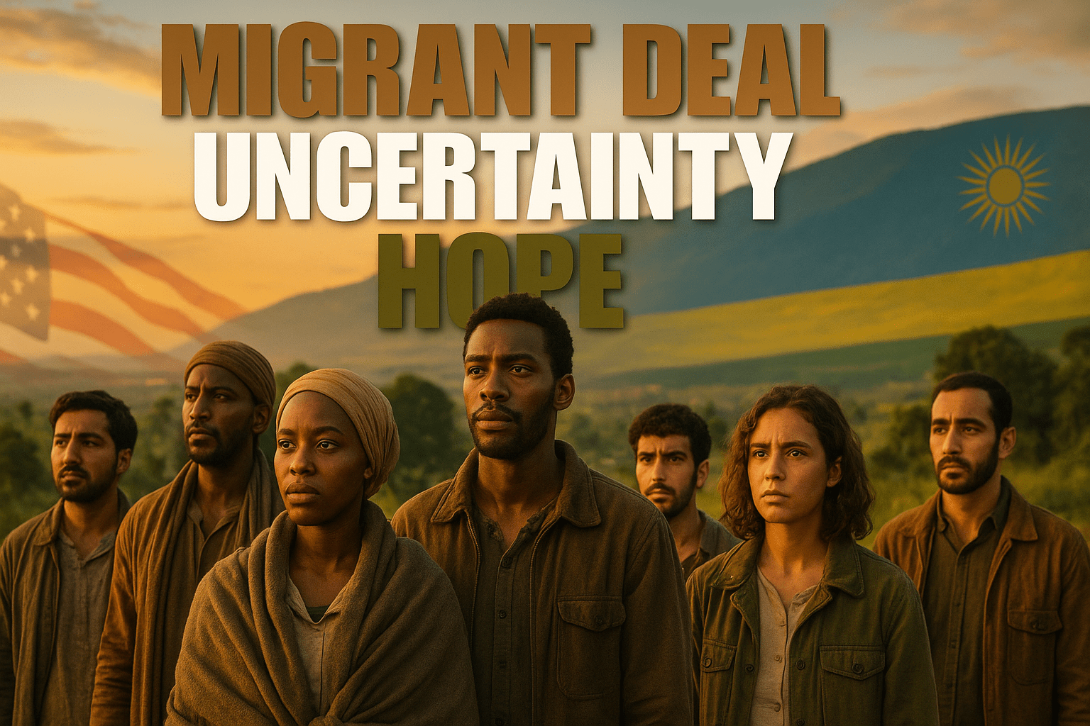 A cinematic image of a diverse group of migrants standing together, looking hopeful yet uncertain, set against a vibrant backdrop of Rwanda's lush landscape. The lighting is warm and inviting, capturing the golden hour glow. The mood is a mix of optimism and apprehension, with expressions reflecting their journey. A striking detail is a symbolic representation of the U.S. and Rwandan flags subtly integrated into the background. The composition follows the rule of thirds, drawing the viewer's eye to the central figures. In bold, multi-line H2 'impact' font, the text reads: 'MIGRANT DEAL' in Bronze, 'UNCERTAINTY' in White, and 'HOPE' in Olive, ensuring the words pop against the background.