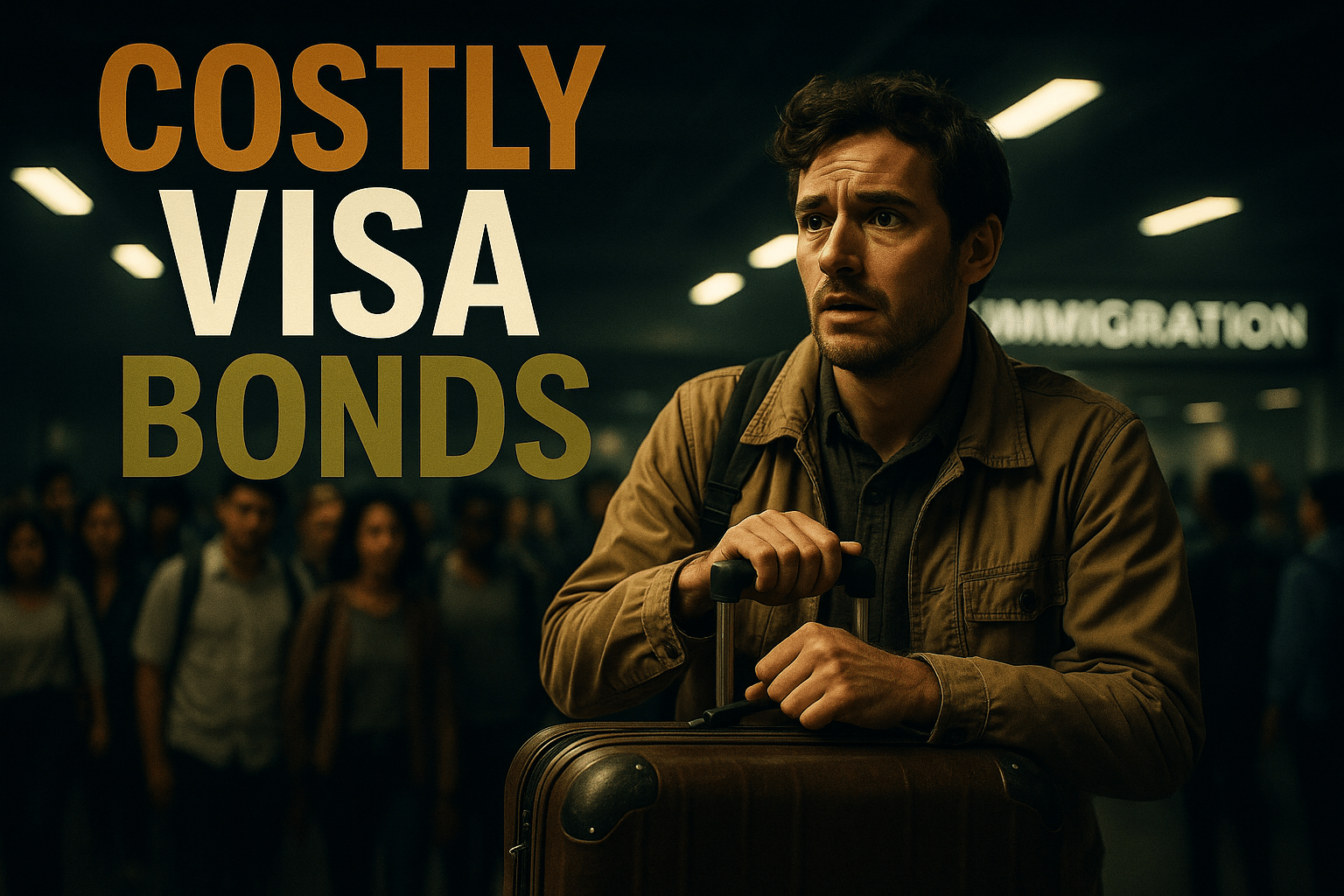 A cinematic image of a worried traveler holding a large suitcase, standing in front of an airport immigration checkpoint, with bright overhead lights casting dramatic shadows, capturing the tension of the visa bond program. The background features a blurred crowd of diverse travelers, emphasizing the emotional weight of the situation. The mood is anxious yet hopeful, with a focus on the traveler's expressive face. Use contrasting colors: warm tones for the traveler and cooler tones for the background to enhance the focal point. The composition follows the rule of thirds, drawing the viewer's eye to the traveler's face. Include the text in a multi-line H2 'impact' font: 'COSTLY VISA BONDS' with 'COSTLY' in Bronze, 'VISA' in White, and 'BONDS' in Olive, ensuring the text is outside the 20% safe zone from all margins.