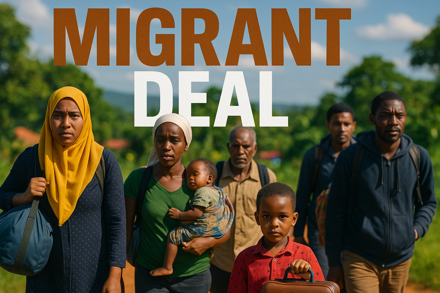 A realistic photojournalistic image of a diverse group of migrants arriving in Uganda, showcasing a mix of emotions such as hope and uncertainty. The scene is set in a vibrant outdoor environment with bright colors and natural lighting, capturing the essence of human resilience. The composition follows the rule of thirds, with the group positioned prominently in the foreground against a blurred background of lush Ugandan landscapes. The mood is both hopeful and contemplative, emphasizing the journey of these individuals. Include the high-impact phrase 'MIGRANT DEAL' in a multi-line H2 'impact' font, with 'MIGRANT' in Bronze, 'DEAL' in White, and a striking detail of a child holding a small suitcase, symbolizing the hopes of new beginnings.