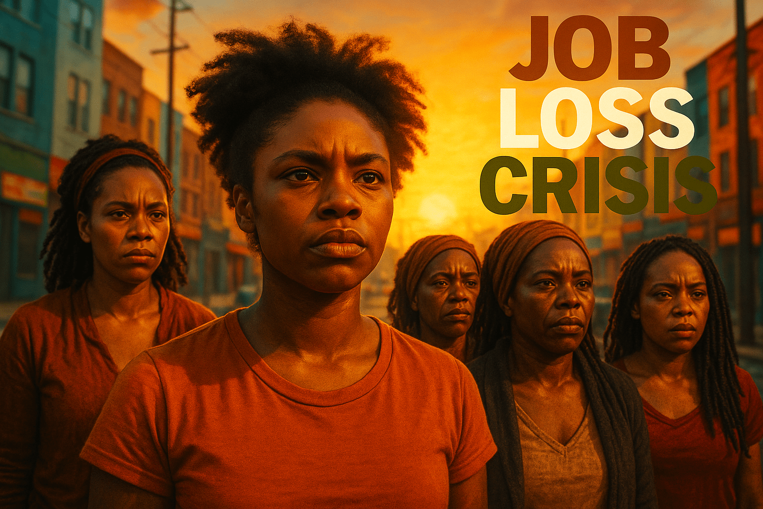 A cinematic image of a diverse group of Black women standing together in a vibrant urban setting, expressing resilience and determination, with bright colors and emotional expressions. The lighting is warm and inviting, creating a hopeful mood. The camera captures a close-up shot that emphasizes their faces, showcasing a mix of determination and strength. One striking detail is a golden sunrise in the background, symbolizing new beginnings. The high-impact phrase 'JOB LOSS CRISIS' is displayed in a multi-line H2 'impact' font, with 'JOB' in Bronze, 'LOSS' in White, and 'CRISIS' in Olive, ensuring the text pops against the background.