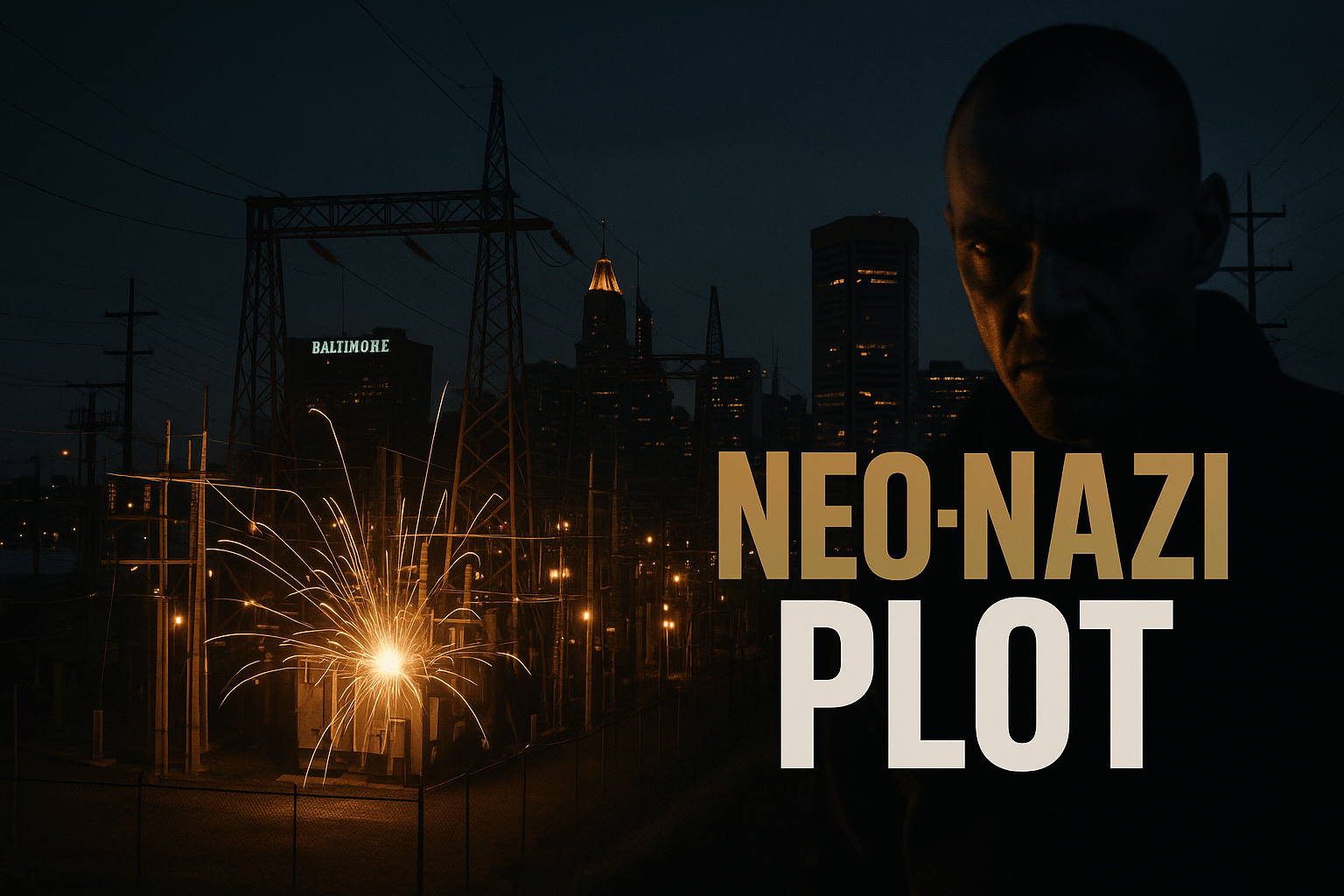 A cinematic image of a darkened Baltimore skyline at dusk, with a dramatic contrast of bright electrical sparks illuminating the scene, evoking a sense of tension and danger. The foreground features a shadowy figure with a menacing expression, symbolizing the neo-Nazi threat, while the background showcases electrical substations with glowing lights, hinting at the potential chaos of a power grid attack. The mood is suspenseful and foreboding, captured with a high-resolution camera to enhance detail. The high-impact phrase 'NEO-NAZI PLOT' in a multi-line H2 impact font, with 'NEO-NAZI' in bronze, 'PLOT' in white, and a striking olive accent, positioned to pop against the dark background, ensuring it remains outside the 20% safe zone from all margins.