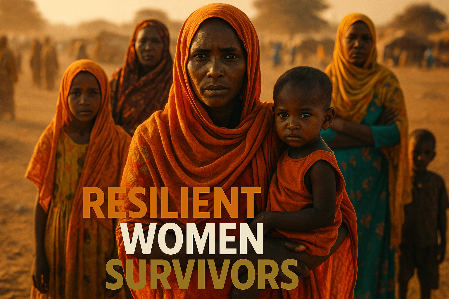 A cinematic image of a group of resilient Sudanese women and children in a dusty, sunlit landscape, showcasing their expressions of hope and determination amidst the hunger crisis. The scene captures the stark contrast between their vibrant clothing and the barren surroundings, with a warm, golden hour lighting that highlights their faces. The mood is both somber and uplifting, emphasizing the strength of women-led households. In the foreground, a striking detail of a woman holding a small child, both looking directly at the camera, evokes empathy and connection. The background features a blurred view of a makeshift food distribution site. Use bright colors to enhance the emotional impact, with a focus on deep oranges and earthy tones. 'RESILIENT' in Bronze, 'WOMEN' in White, 'SURVIVORS' in Olive, displayed in a multi-line H2 impact font, ensuring the text stands out against the background while maintaining a clean composition.
