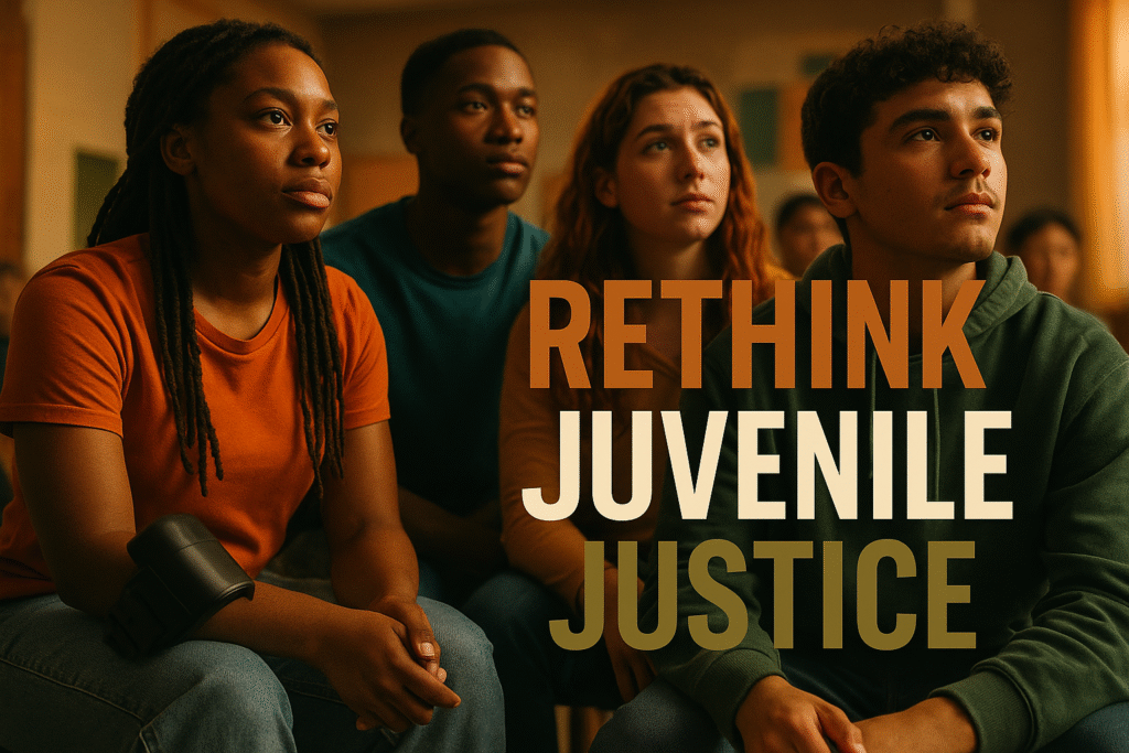 A realistic photojournalistic image of a diverse group of young people in a community setting, expressing a mix of hope and concern, with bright colors highlighting their faces. The lighting is warm and inviting, creating a sense of connection and urgency. The mood is contemplative yet optimistic, capturing the essence of juvenile justice reform. In the foreground, a striking detail of an electronic ankle monitor is visible, symbolizing the new policies. The composition follows the rule of thirds, drawing attention to the young people's expressions. The high-impact phrase 'RETHINK JUVENILE JUSTICE' is displayed in a multi-line H2 'impact' font, with 'RETHINK' in Bronze, 'JUVENILE' in White, and 'JUSTICE' in Olive, ensuring the text pops against the background while maintaining a safe distance from the edges.