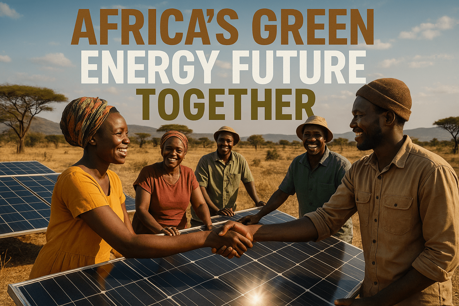 A realistic photojournalistic image of a vibrant African landscape showcasing solar panels under a bright blue sky, with diverse African individuals collaborating and smiling, symbolizing unity and progress in renewable energy. The lighting is warm and inviting, captured with a DSLR camera to emphasize the details and emotions. The mood is optimistic and hopeful, with a striking detail of a solar panel reflecting sunlight. 'AFRICA'S GREEN' in bronze, 'ENERGY FUTURE' in white, and 'TOGETHER' in olive, all in a multi-line H2 impact font, ensuring the text is prominent and well-placed without cluttering the image.