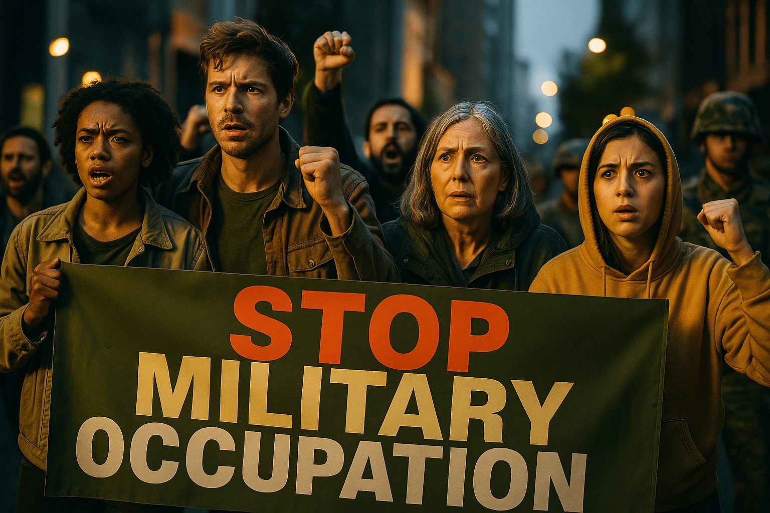 A realistic photojournalistic image of a diverse group of concerned citizens protesting against military presence in urban streets, capturing emotional expressions of determination and apprehension, with bright colors highlighting the urgency of the situation. The scene is illuminated by dramatic lighting, creating a tense yet hopeful mood. The composition follows the rule of thirds, focusing on the faces of the protesters, with a striking detail of a banner reading 'STOP MILITARY OCCUPATION' in bold letters. The background features a blurred image of military personnel, emphasizing the contrast between civilians and the armed forces. The high-impact phrase 'MILITARY OCCUPATION' is displayed in a multi-line H2 'impact' font, with 'MILITARY' in Bronze, 'OCCUPATION' in White, and a dramatic olive green for the background, ensuring the text pops against the vibrant scene.
