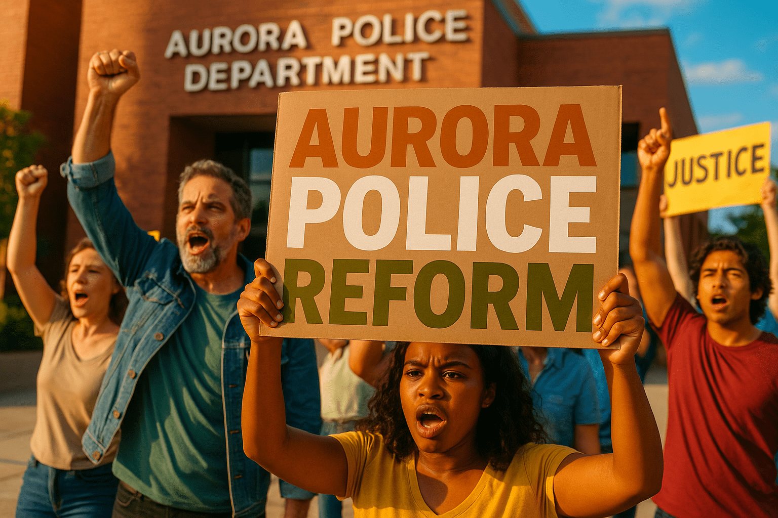 A realistic photojournalistic image of a diverse group of community members engaging in a peaceful protest for police reform, with bright colors highlighting their passionate expressions, set against a backdrop of the Aurora Police Department building. The lighting is vibrant and warm, creating an uplifting mood. A close-up of a sign reading 'AURORA POLICE REFORM' in a multi-line H2 'impact' font, with the words 'AURORA' in Bronze, 'POLICE' in White, and 'REFORM' in Olive, positioned prominently in the foreground. The composition follows the rule of thirds, guiding the viewer's eye toward the sign while maintaining a clear focus on the individuals advocating for change.