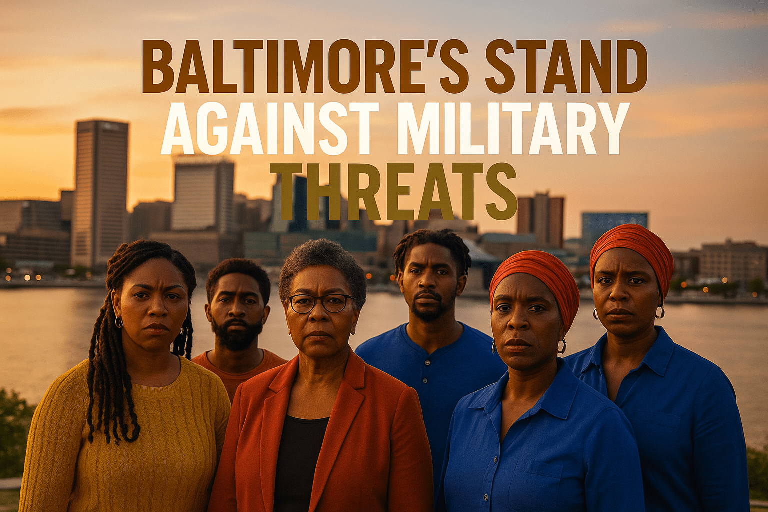 A realistic photojournalistic image of Baltimore's vibrant community leaders standing united against military intervention, showcasing determined expressions, bright colors, and a backdrop of the city skyline at sunset. The lighting is warm and inviting, capturing a hopeful mood. The composition follows the rule of thirds, with the leaders in the foreground and the skyline behind them, emphasizing their resolve. The high-impact phrase in bold multi-line H2 font reads 'BALTIMORE'S STAND' in Bronze, 'AGAINST MILITARY' in White, and 'THREATS' in Olive, positioned centrally without any borders or blank areas, ensuring it pops against the background.