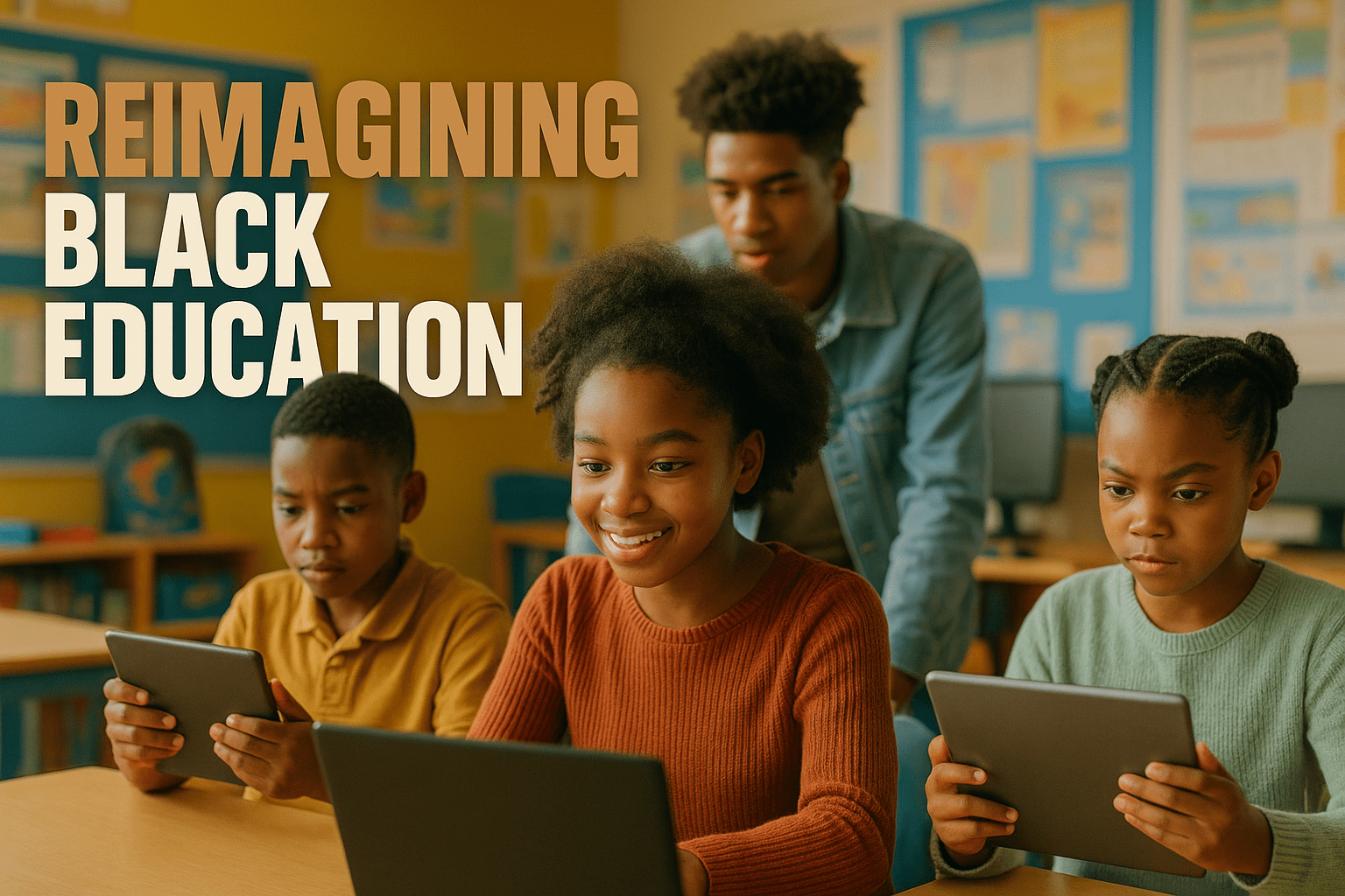 A realistic photojournalistic image of a diverse group of Black students engaged in personalized learning with technology in a vibrant classroom setting, showcasing expressions of curiosity and determination. Bright, warm lighting illuminates their faces, creating an uplifting mood. The background features educational posters and technology devices, emphasizing a modern learning environment. The composition follows the rule of thirds, with students positioned dynamically across the frame. The high-impact phrase 'REIMAGINING BLACK EDUCATION' is displayed in a multi-line H2 'impact' font, with 'REIMAGINING' in Bronze