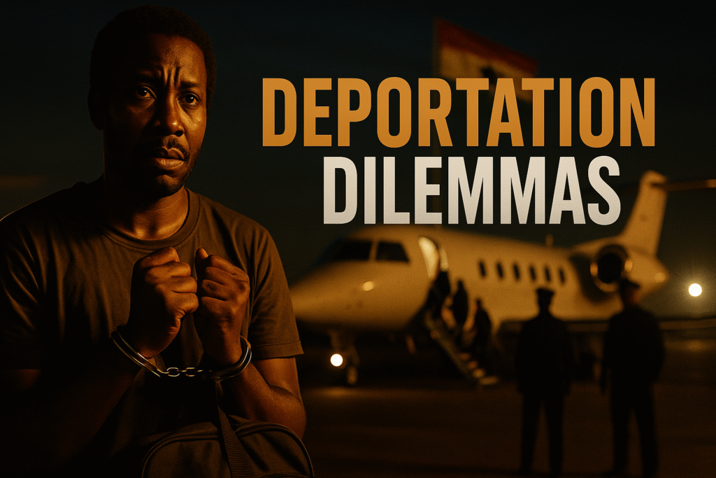 A photorealistic cinematic image shows a weary West African man in handcuffs holding a small bag on an airport tarmac at night. Behind him, a private jet with its stairway extended is guarded by shadowy officers, while a faint Ghanaian flag ripples in the background. Bold overlay text reads “DEPORTATION DILEMMAS” with DEPORTATION in bronze and DILEMMAS in white.