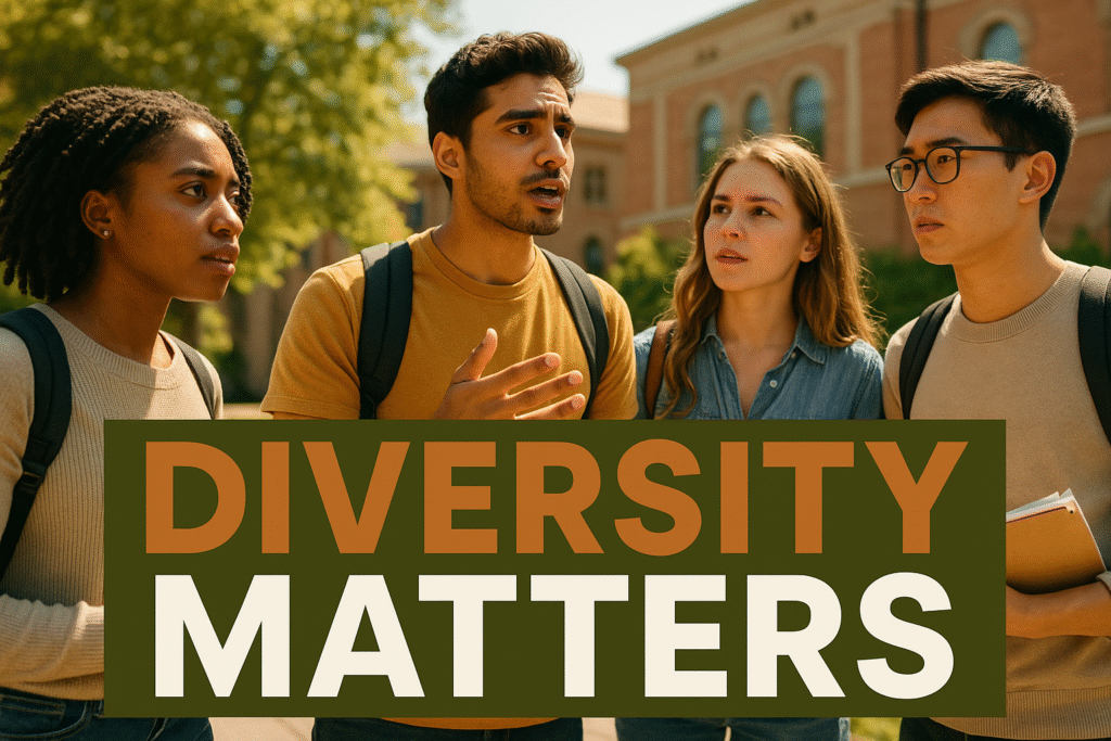A realistic photojournalistic image of a diverse group of students engaged in a discussion on a university campus, showcasing their expressions of curiosity and determination. The scene is brightly lit with natural sunlight, creating a warm and inviting atmosphere. The composition follows the rule of thirds, with the students positioned dynamically within the frame. In the background, the university's architecture is subtly visible, symbolizing higher education. The mood is hopeful and inspiring, emphasizing the importance of diversity and inclusion. The high-impact phrase 'DIVERSITY MATTERS' is displayed in a multi-line H2 'impact' font, with 'DIVERSITY' in Bronze, 'MATTERS' in White, and the background in Olive, ensuring the text stands out against the vibrant scene.