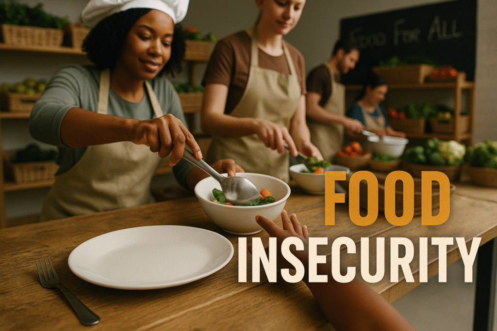A cinematic image of a community food distribution center shows a child’s hand reaching for an empty plate on a wooden table. In the background, volunteers, including a smiling Black woman in an apron, serve bowls of fresh vegetables. Shelves hold baskets of produce with a chalkboard that reads “Food For All.” Bold overlay text reads “FOOD INSECURITY,” with FOOD in bronze and INSECURITY in white.