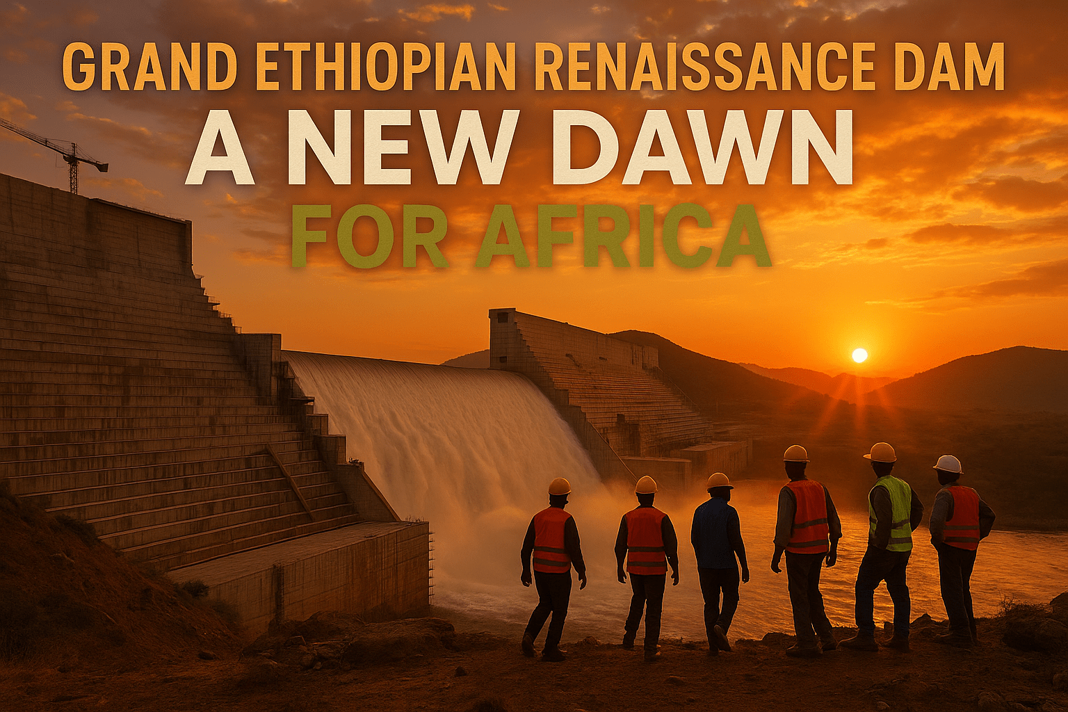 A realistic photojournalistic image of the Grand Ethiopian Renaissance Dam at sunset, showcasing its massive structure against a vibrant sky, with workers in the foreground symbolizing hope and progress. The scene should evoke a sense of optimism and energy, with warm lighting highlighting the dam's features. Use a wide-angle lens to capture the scale of the dam and the surrounding landscape, emphasizing the contrast between the dam's concrete and the natural environment. Include the high-impact phrase in a multi-line H2 'impact' font: 'GRAND ETHIOPIAN RENAISSANCE DAM' in Bronze, 'A NEW DAWN' in White, and 'FOR AFRICA' in Olive, ensuring the text stands out against the background without cluttering the image.