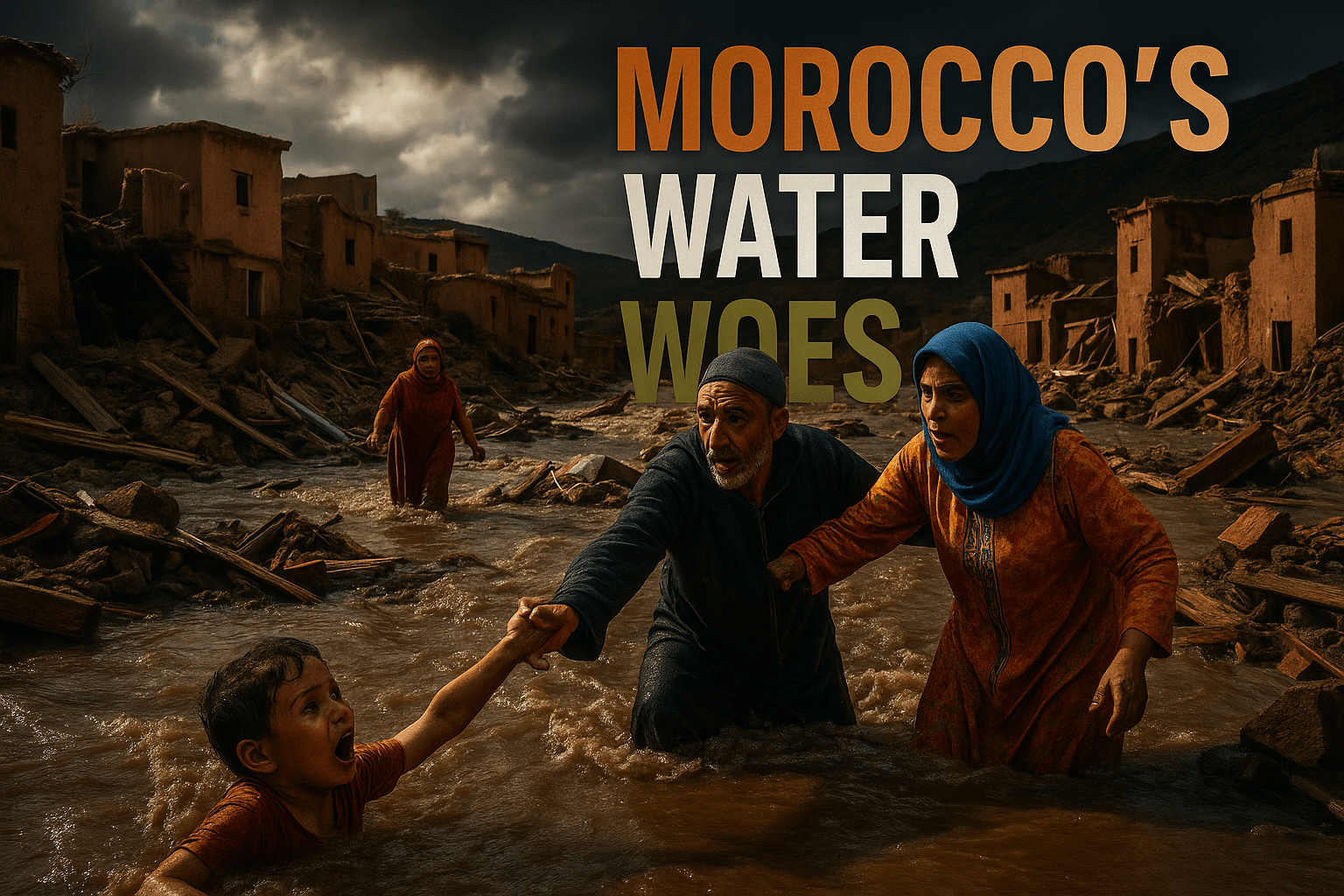 A realistic photojournalistic image of a Moroccan landscape devastated by flash floods, showcasing submerged homes and debris, with a resilient community member helping others amidst the chaos. The scene is illuminated by dramatic, contrasting lighting that highlights the emotional expressions of the people involved. The mood is somber yet hopeful, capturing the struggle against nature's forces. In the foreground, a striking detail of a child reaching out for help adds a poignant touch. Use vibrant colors to emphasize the contrast between the dark floodwaters and the bright clothing of the individuals. The composition follows the rule of thirds, guiding the viewer's eye towards the main subjects. Place the high-impact phrase 'MOROCCO'S WATER WOES' in a multi-line H2 'impact' font, with 'MOROCCO'S' in Bronze, 'WATER' in White, and 'WOES' in Olive, ensuring the text is clear and stands out against the background.