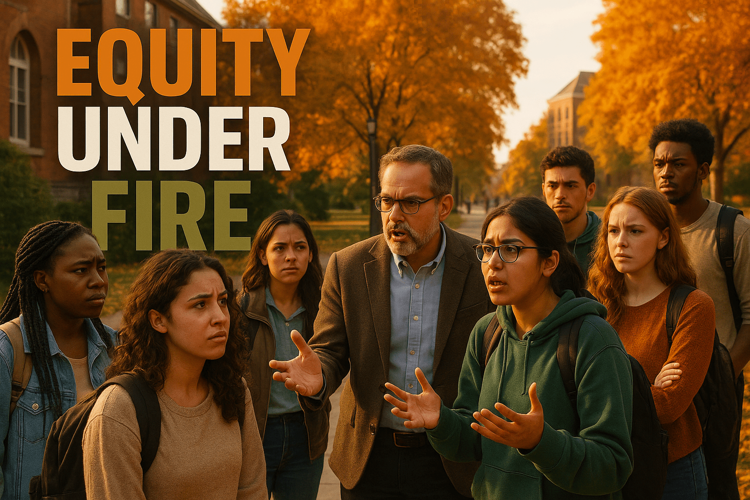 A realistic photojournalistic image of a diverse group of university students and faculty engaged in a passionate discussion, set against a backdrop of a university campus with vibrant autumn foliage, bright and warm lighting to evoke a sense of urgency and hope, capturing emotional expressions of determination and concern. The composition should follow the rule of thirds, with the group positioned to one side, leading lines from the campus path guiding the viewer's eye towards them. In bold multi-line H2 'impact' font, the text reads 'EQUITY UNDER FIRE' with 'EQUITY' in Bronze, 'UNDER' in White, and 'FIRE' in Olive, ensuring the text stands out against the background without cluttering the image.