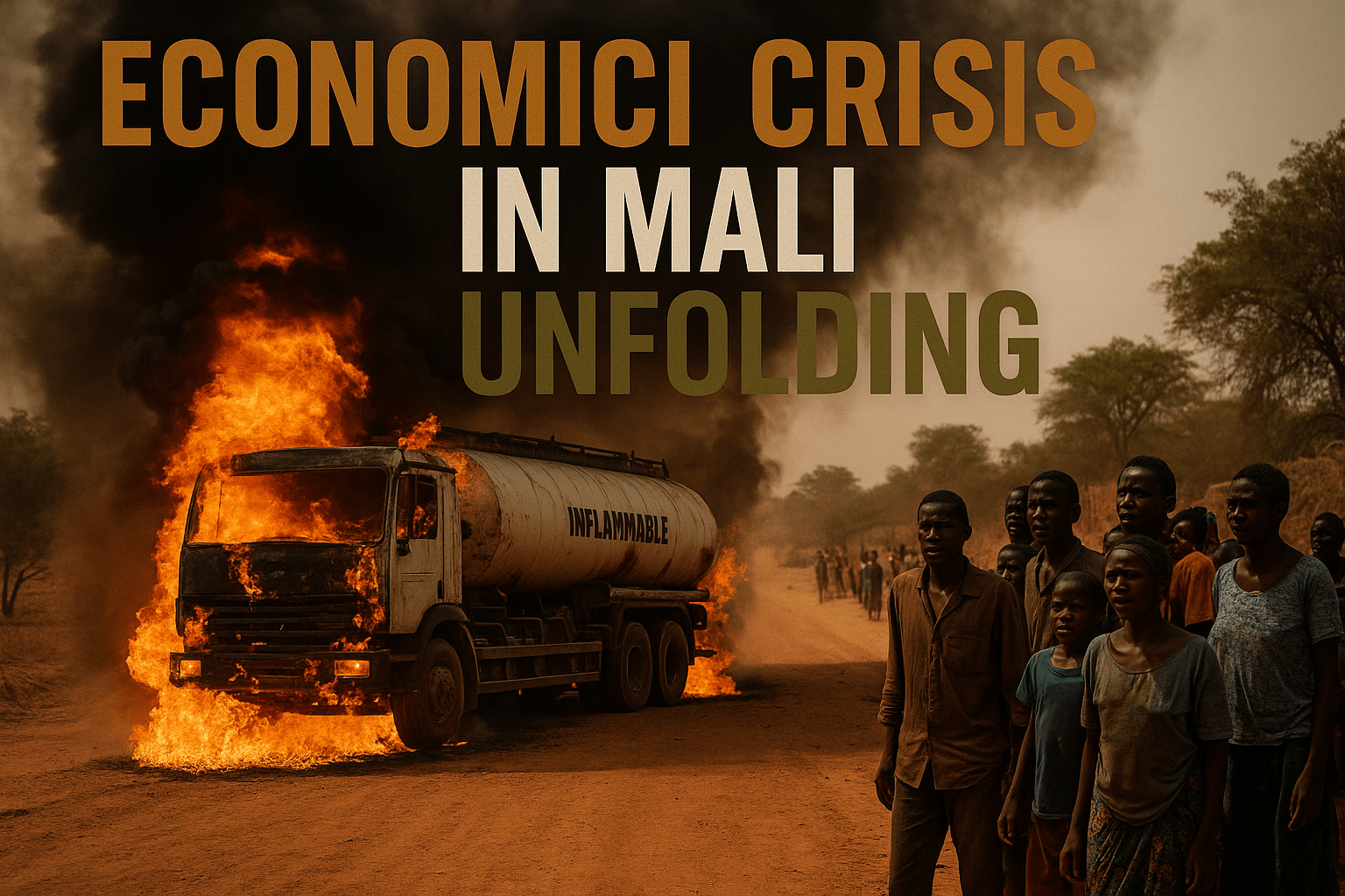 A realistic photojournalistic image of a burning fuel truck on a dusty road in Mali, with a backdrop of concerned civilians watching in fear, dramatic lighting highlighting the smoke and flames, capturing the mood of crisis and urgency. The composition follows the rule of thirds, drawing attention to the truck as the focal point. The colors are vibrant with contrasting hues of orange and black from the fire against the earthy tones of the landscape. Include the high-impact phrase in a multi-line H2 'impact' font: 'ECONOMIC CRISIS' in Bronze, 'IN MALI' in White, and 'UNFOLDING' in Olive, ensuring the text is prominent and separated from the background.