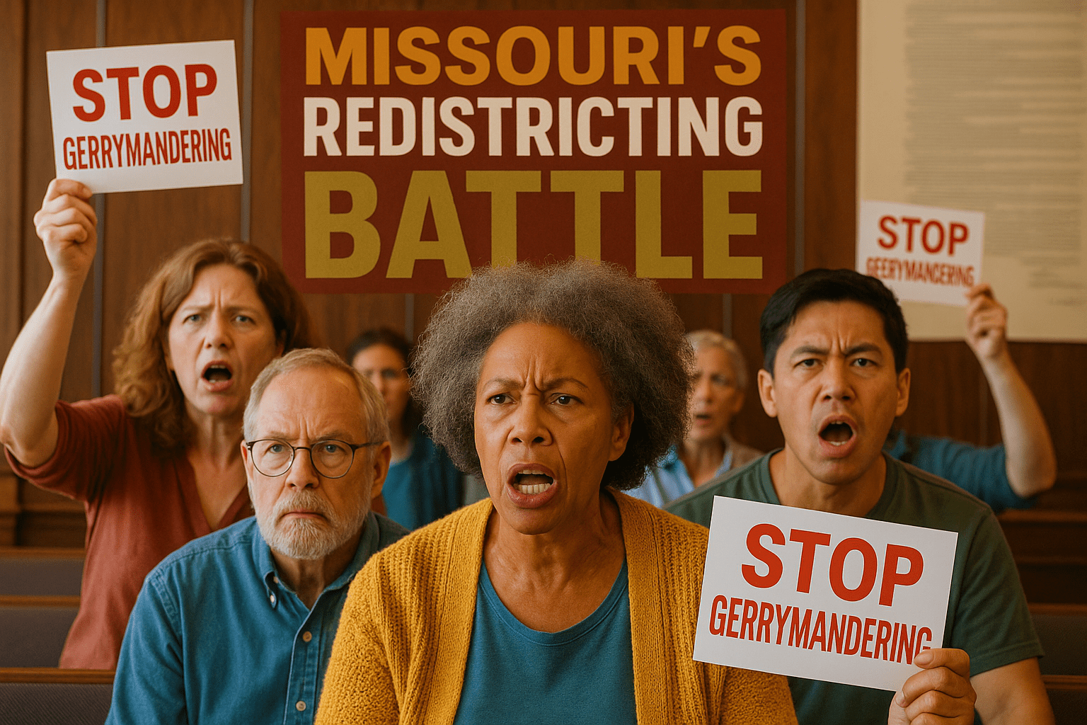 A realistic photojournalistic image of a diverse group of concerned voters at a public hearing, expressing their opposition to gerrymandering, with emotional expressions and bright colors to convey urgency. The lighting is natural and bright, capturing the intensity of the moment. The composition follows the rule of thirds, focusing on the faces of the voters while including a backdrop of legislative documents and a banner reading 'MISSOURI'S REDISTRICTING BATTLE' in a multi-line H2 'impact' font, with the words 'MISSOURI'S' in Bronze, 'REDISTRICTING' in White, and 'BATTLE' in Olive, ensuring the text stands out against the background.