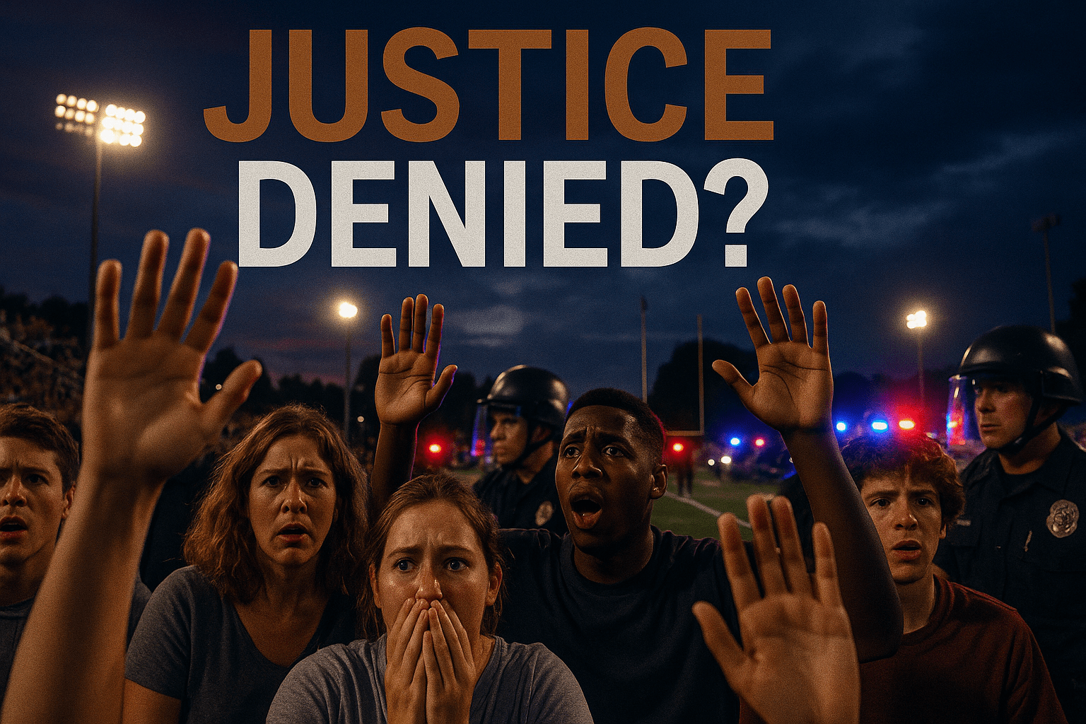 A realistic photojournalistic image of a tense scene at a high school football game, capturing the emotional expressions of concerned spectators in the foreground, with police officers in the background, dramatic lighting highlighting the chaos, a sense of urgency and fear in the atmosphere, vibrant colors contrasting the darkening sky, the phrase 'JUSTICE DENIED?' in a multi-line H2 impact font, with 'JUSTICE' in Bronze, 'DENIED?' in White, and a striking detail of raised hands in the foreground, symbolizing surrender and vulnerability.