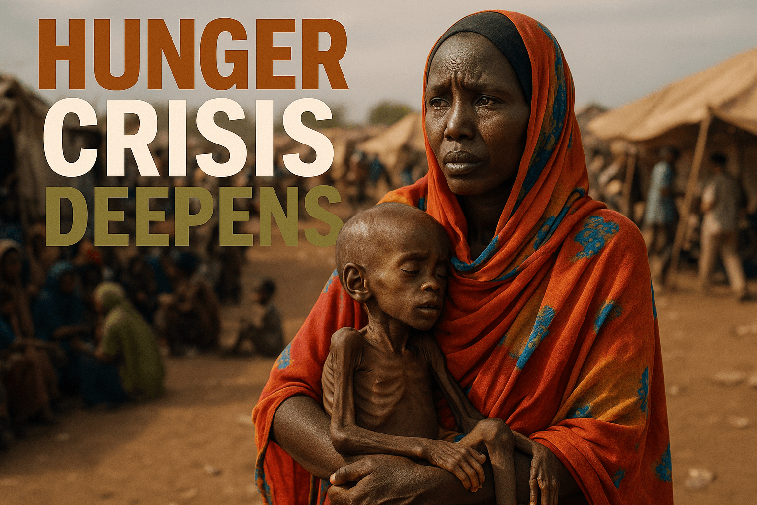 A realistic photojournalistic image of a Sudanese woman holding her malnourished child in a crowded refugee camp, with expressions of despair and hope, bright colors contrasting with the dusty environment, soft natural lighting, captured with a DSLR camera, conveying a mood of urgency and resilience. The background shows makeshift tents and a few aid workers in action. Use the high-impact phrase 'HUNGER CRISIS DEEPENS' in a multi-line H2 'impact' font, with 'HUNGER' in Bronze, 'CRISIS' in White, and 'DEEPENS' in Olive, ensuring the text is prominent and separated from the background.