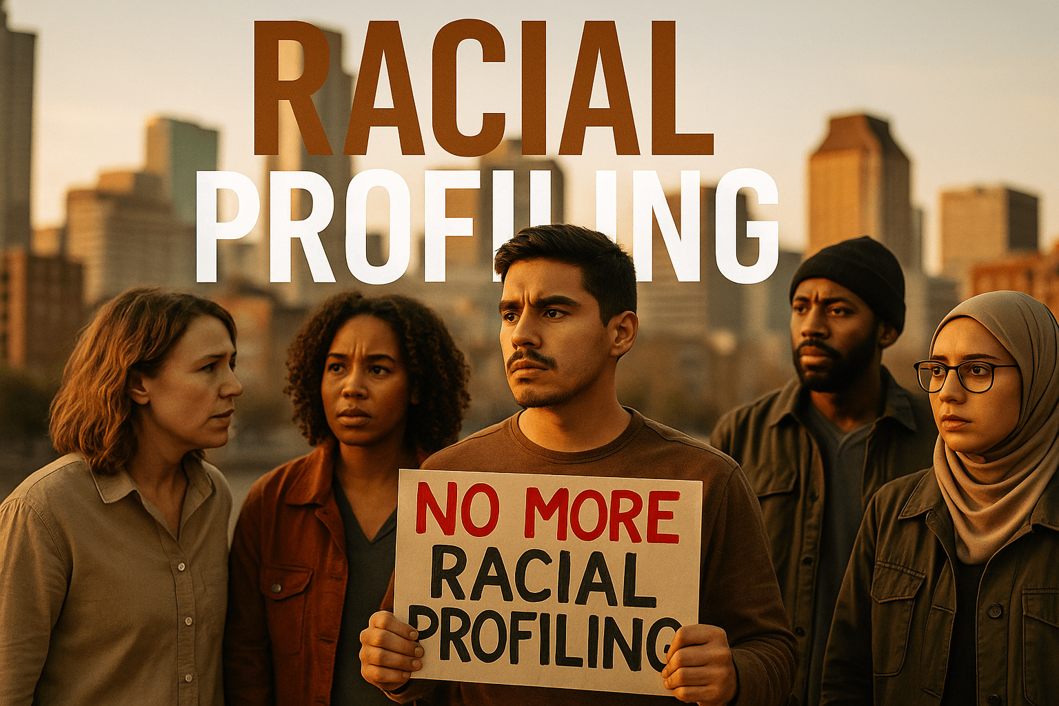 A realistic photojournalistic image of a diverse group of people standing together in a public space, looking concerned and engaged in conversation, with a backdrop of a cityscape. The lighting is warm and inviting, creating a hopeful yet serious mood. The image captures a striking detail of a young Latino man holding a sign that reads 'NO MORE RACIAL PROFILING'. Use bright colors to highlight the sign, and ensure the faces of the individuals express a mix of determination and vulnerability. The composition follows the rule of thirds, drawing the viewer's eye to the group while the cityscape frames the scene. Overlay the high-impact phrase 'RACIAL PROFILING' in a multi-line H2 'impact' font, with 'RACIAL' in Bronze, 'PROFILING' in White, and ensure the text is large enough to stand out against the background, maintaining a safe distance from all edges.