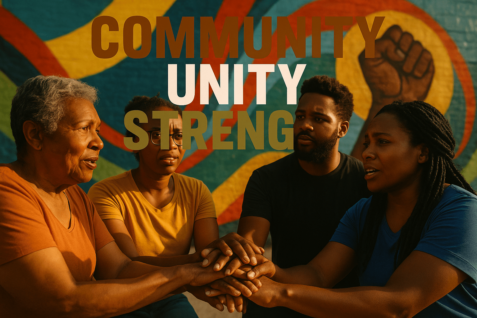 A realistic photojournalistic image of a diverse group of Black community members engaged in a supportive dialogue, showcasing emotional expressions of hope and resilience, bright colors highlighting their unity, warm natural lighting, captured with a DSLR camera, conveying a mood of empowerment and solidarity, with the striking detail of hands joined together in the center. The background features a vibrant mural symbolizing strength and community. Overlay the text in a multi-line H2 'impact' font: 'COMMUNITY' in Bronze, 'UNITY' in White, 'STRENGTH' in Olive, ensuring the text stands out against the background while maintaining a safe distance from all edges.