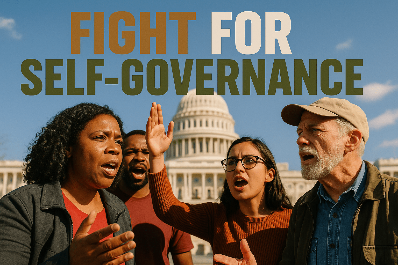 A realistic photojournalistic image of a diverse group of D.C. residents passionately discussing their rights and governance in front of the U.S. Capitol building, bright sunlight illuminating their faces, capturing a mood of determination and hope. The composition follows the rule of thirds, with the Capitol in the background and the group in the foreground, creating a sense of urgency and community. The high-impact phrase 'FIGHT FOR SELF-GOVERNANCE' is displayed in a multi-line H2 impact font, with 'FIGHT' in Bronze, 'FOR' in White, and 'SELF-GOVERNANCE' in Olive, ensuring the text pops against the vibrant background.